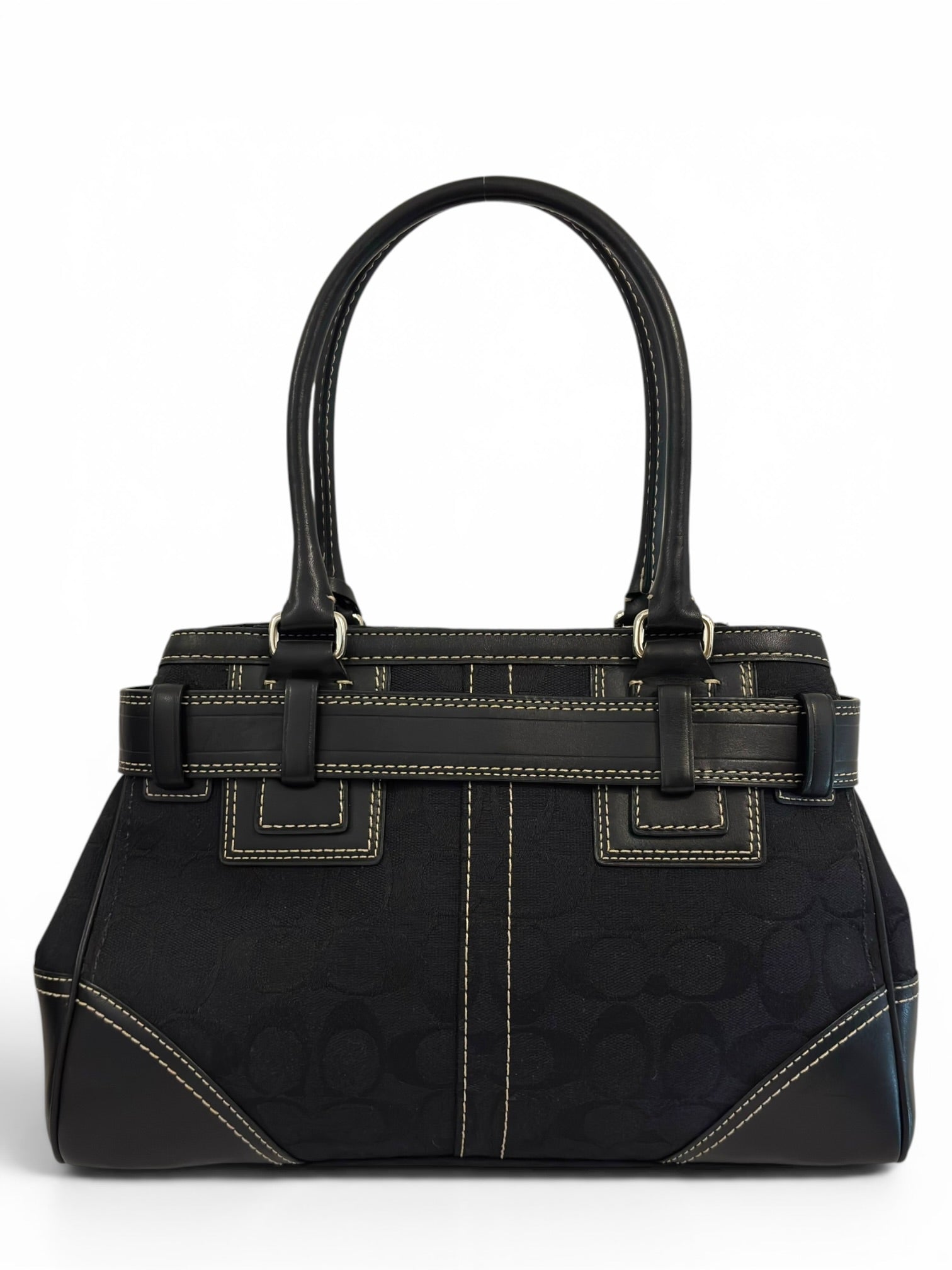 Coach Black Hampton Canvas & Leather Clip Tassel
Belted Tote Shoulder Bag