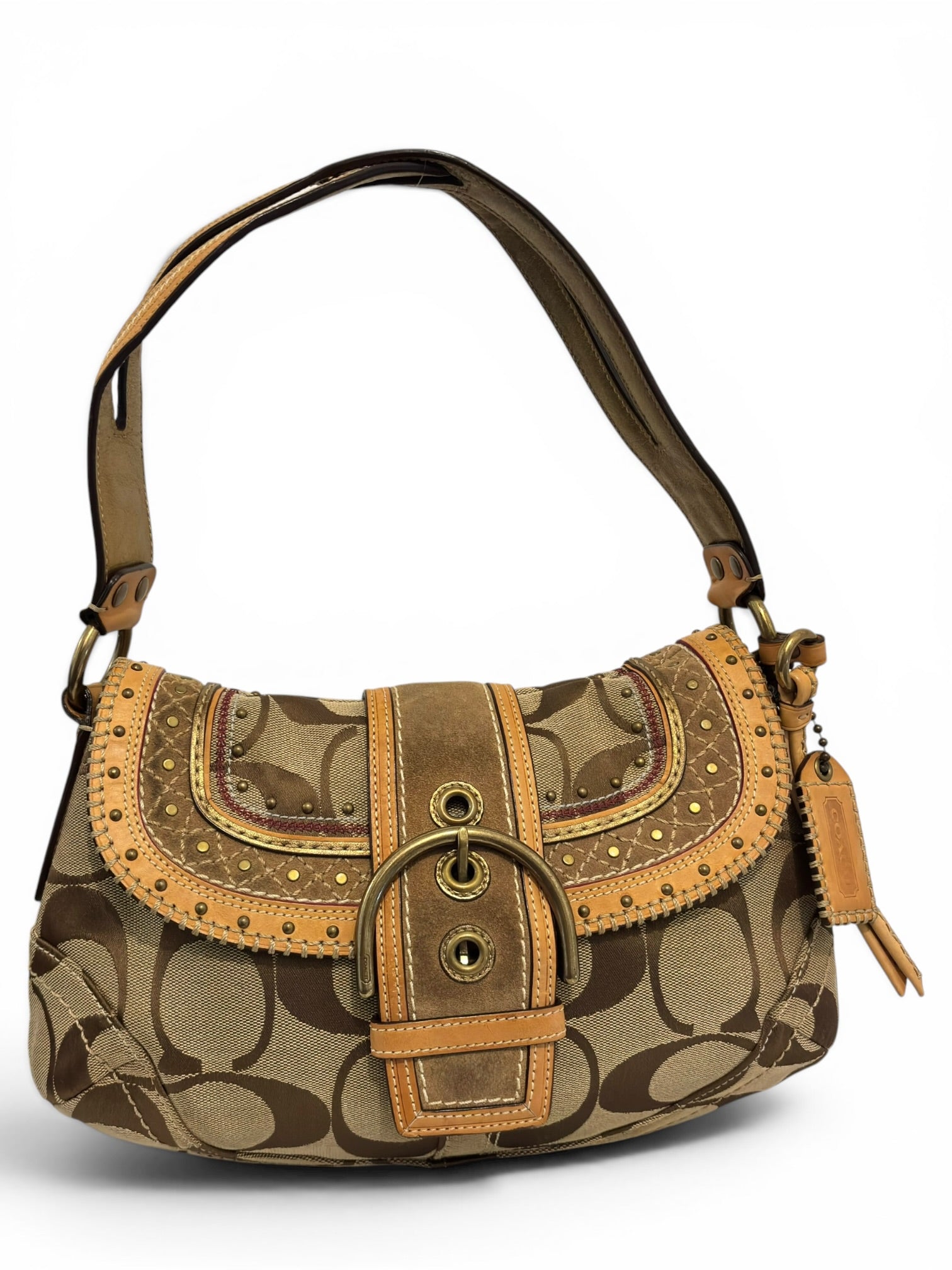 Coach Rare Signature Brown Tan Soho Studded Buckle Canvas Suede Leather Hobo Shoulder Bag