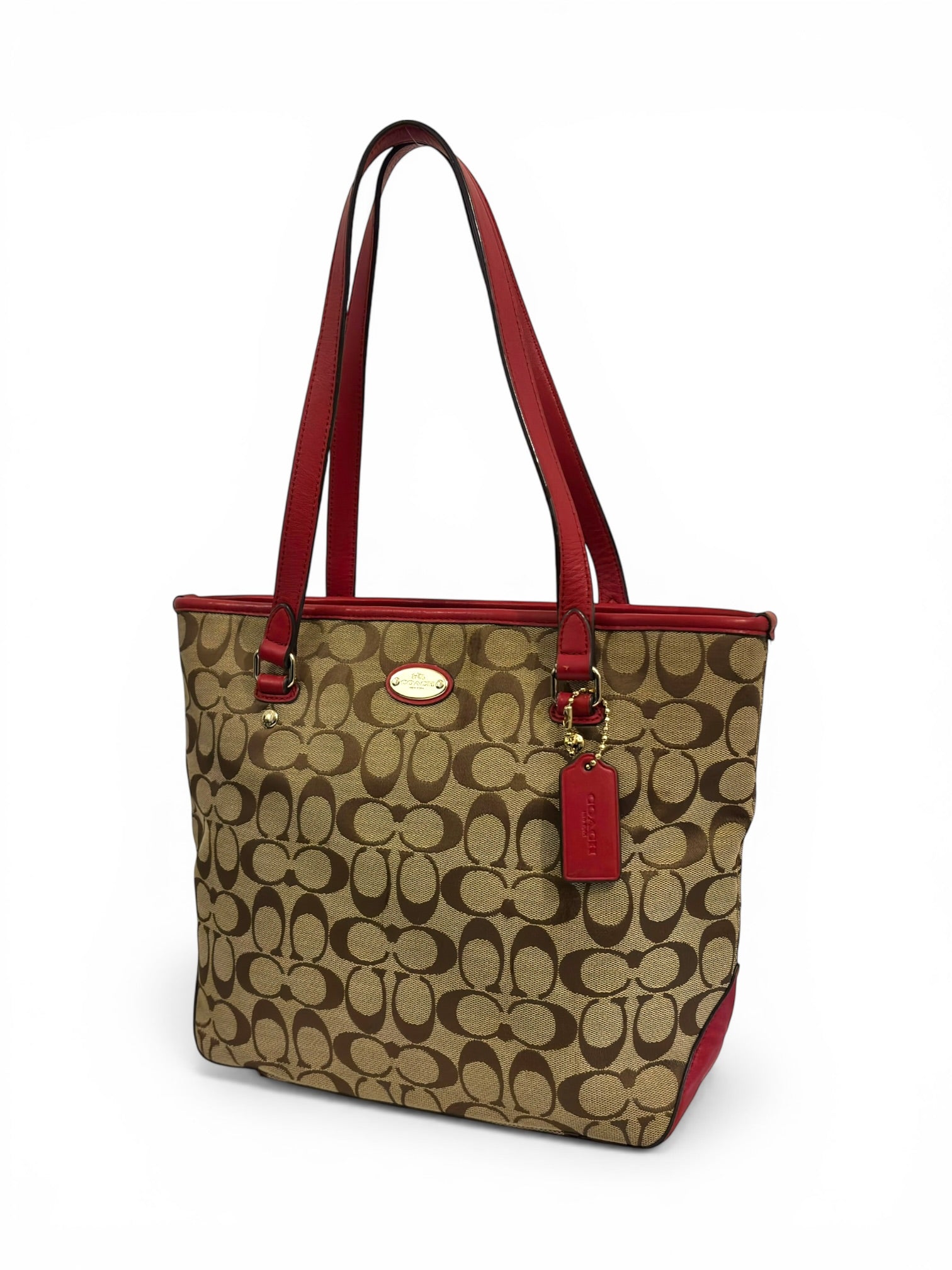 Coach Brown Khaki & Red Signature Monogram Canvas & Leather Tote Vintage Shoulder Bag