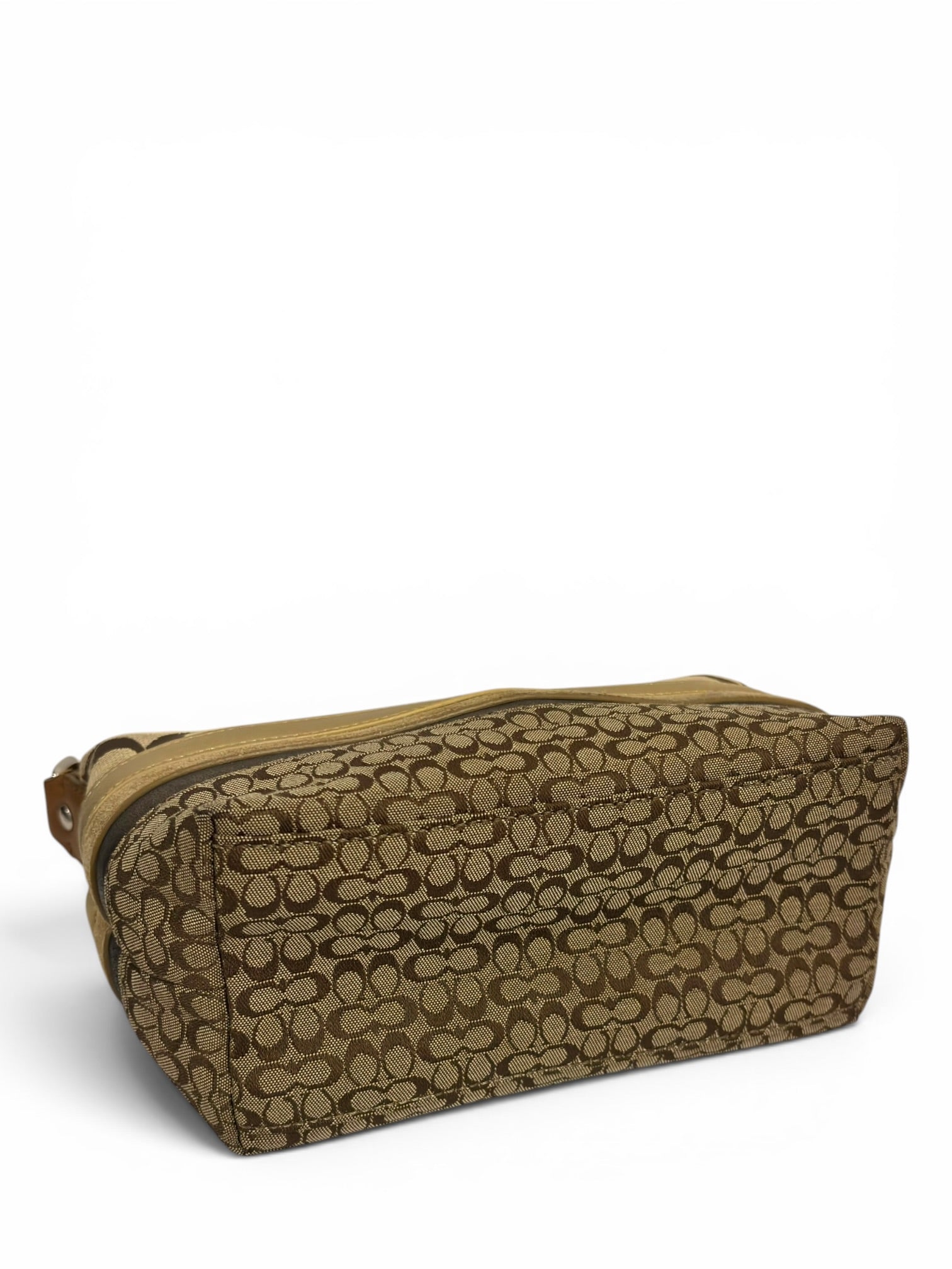 Coach Rare Mini Signature Striped Patchwork Tan Brown Beige Canvas Leather & Suede Vintage
Handbag