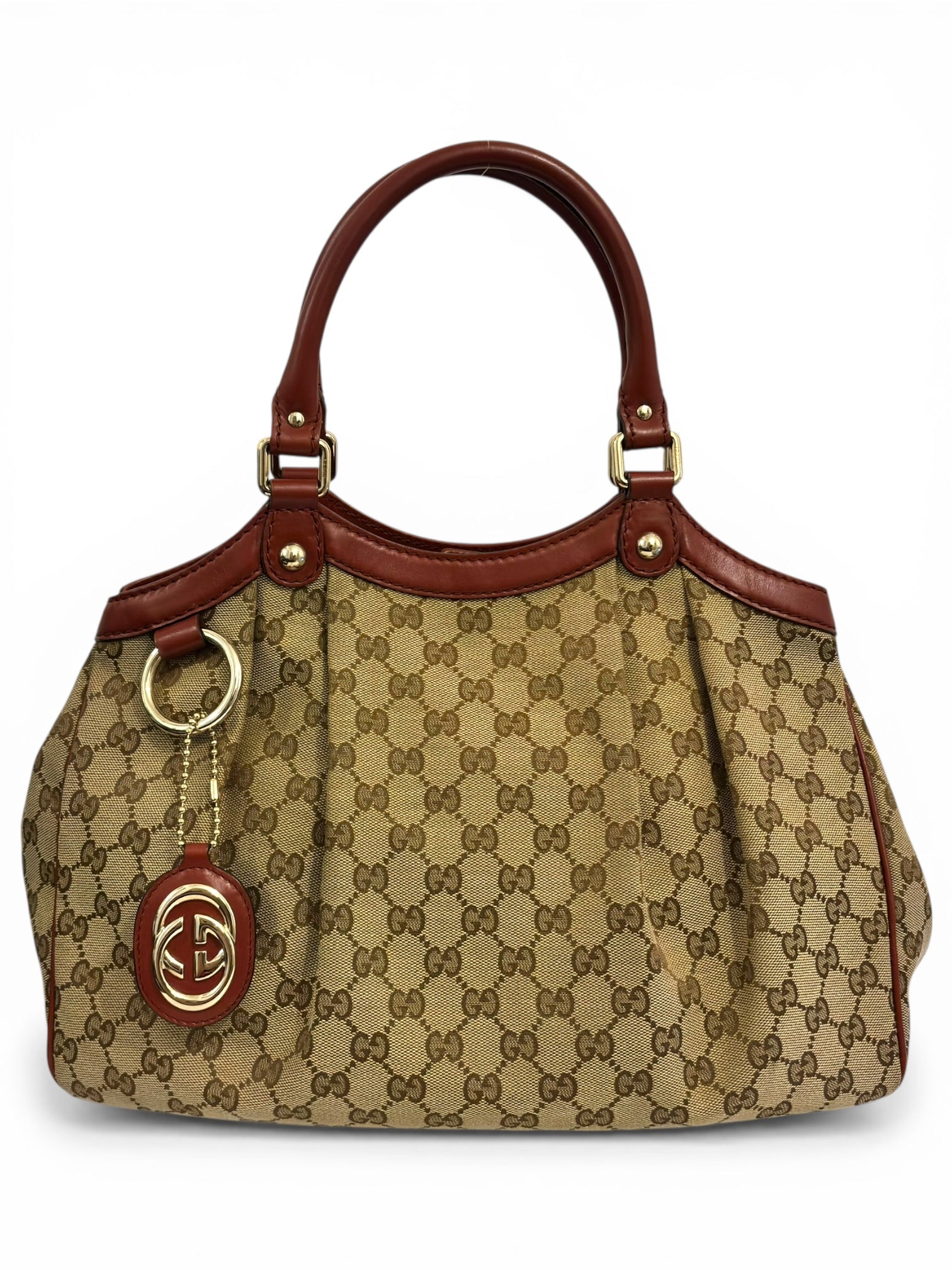 Gucci Sukey Brown & Red Leather & Canvas Monogram Tote Shoulder Bag