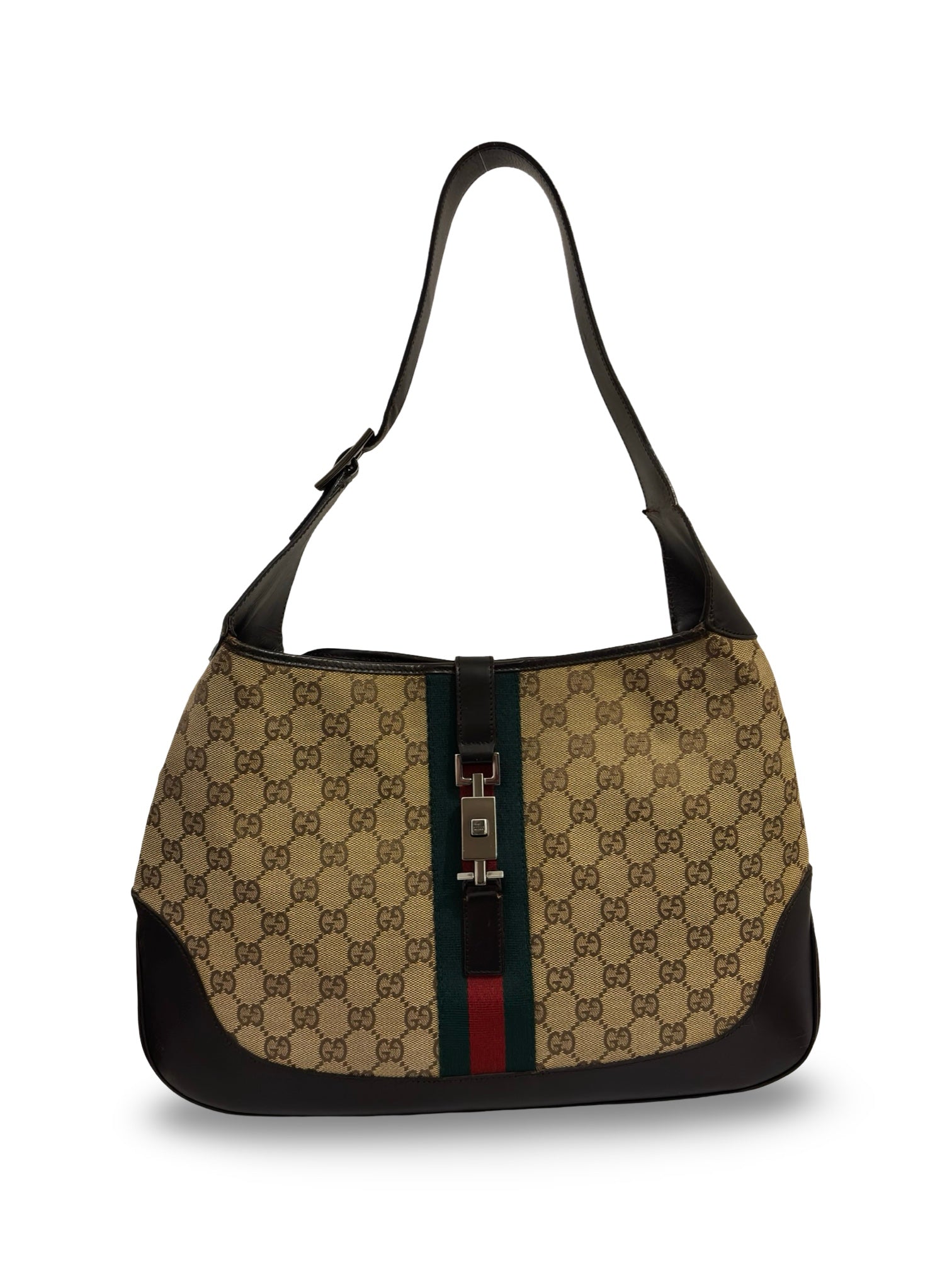 Gucci Jackie Canvas & Leather Brown Green Signature Stripe Vintage Hobo Shoulder Bag