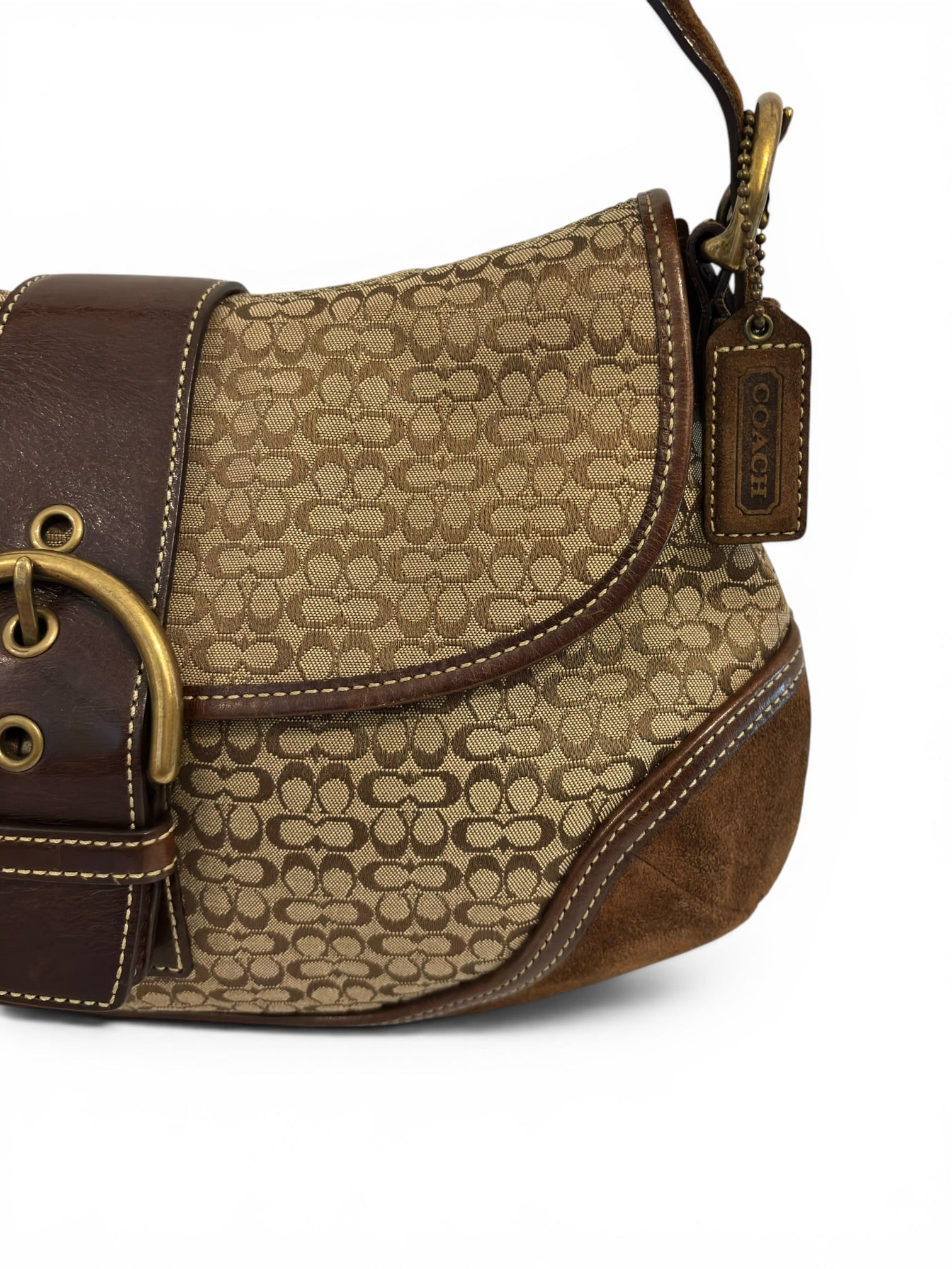 Coach Brown & Beige Signature Soho Flap Buckle Canvas Suede & Leather Hobo Shoulder Bag
G04J-6808