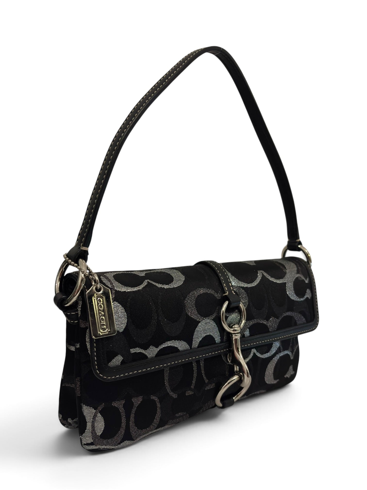 Vintage Coach Hamptons Bag Optic Lurex Signature Demi Clip Black & Silver Sateen Shoulder Bag 10455