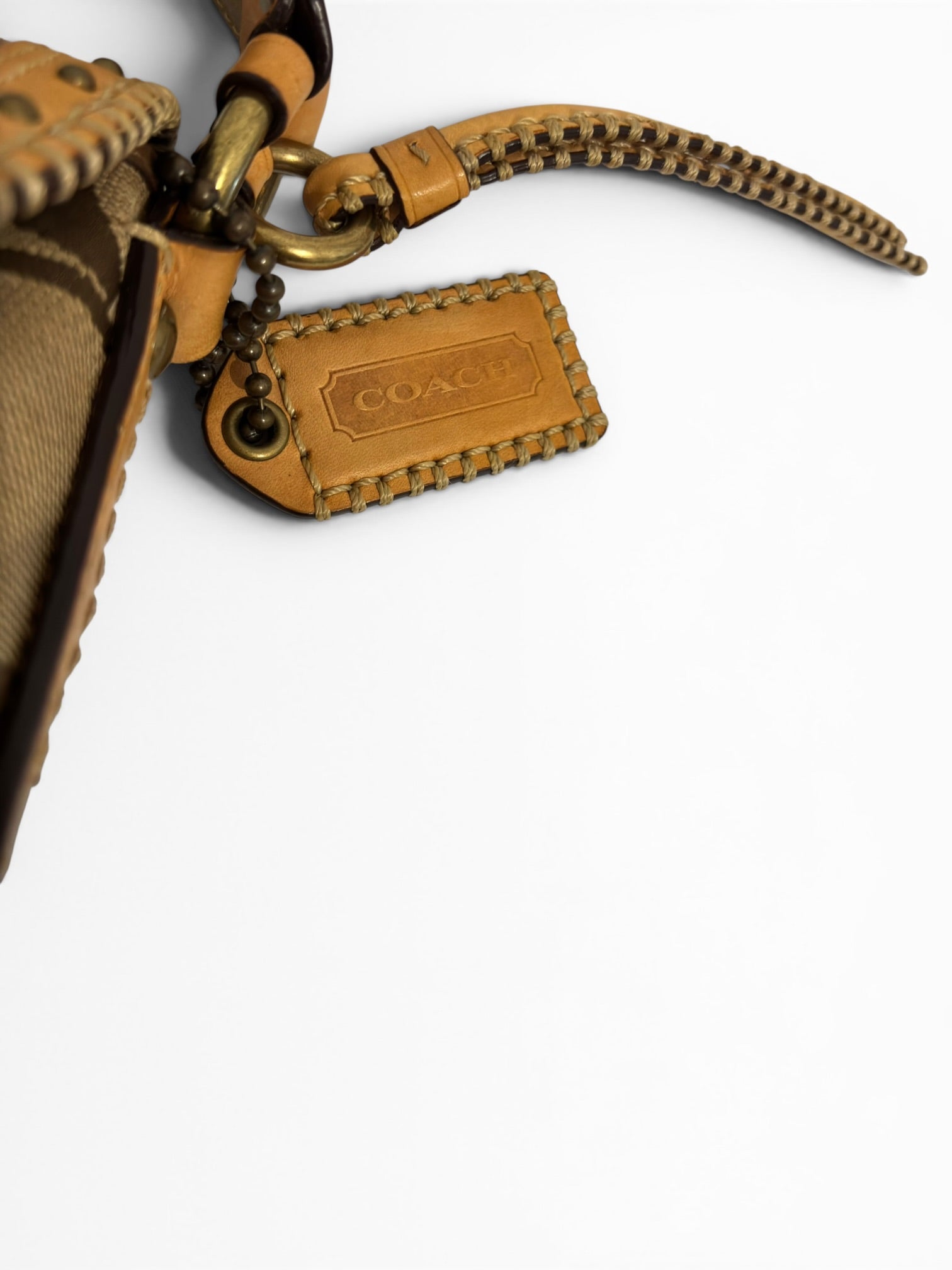 Coach Rare Signature Brown Tan Soho Studded Buckle Canvas Suede Leather Hobo Shoulder Bag