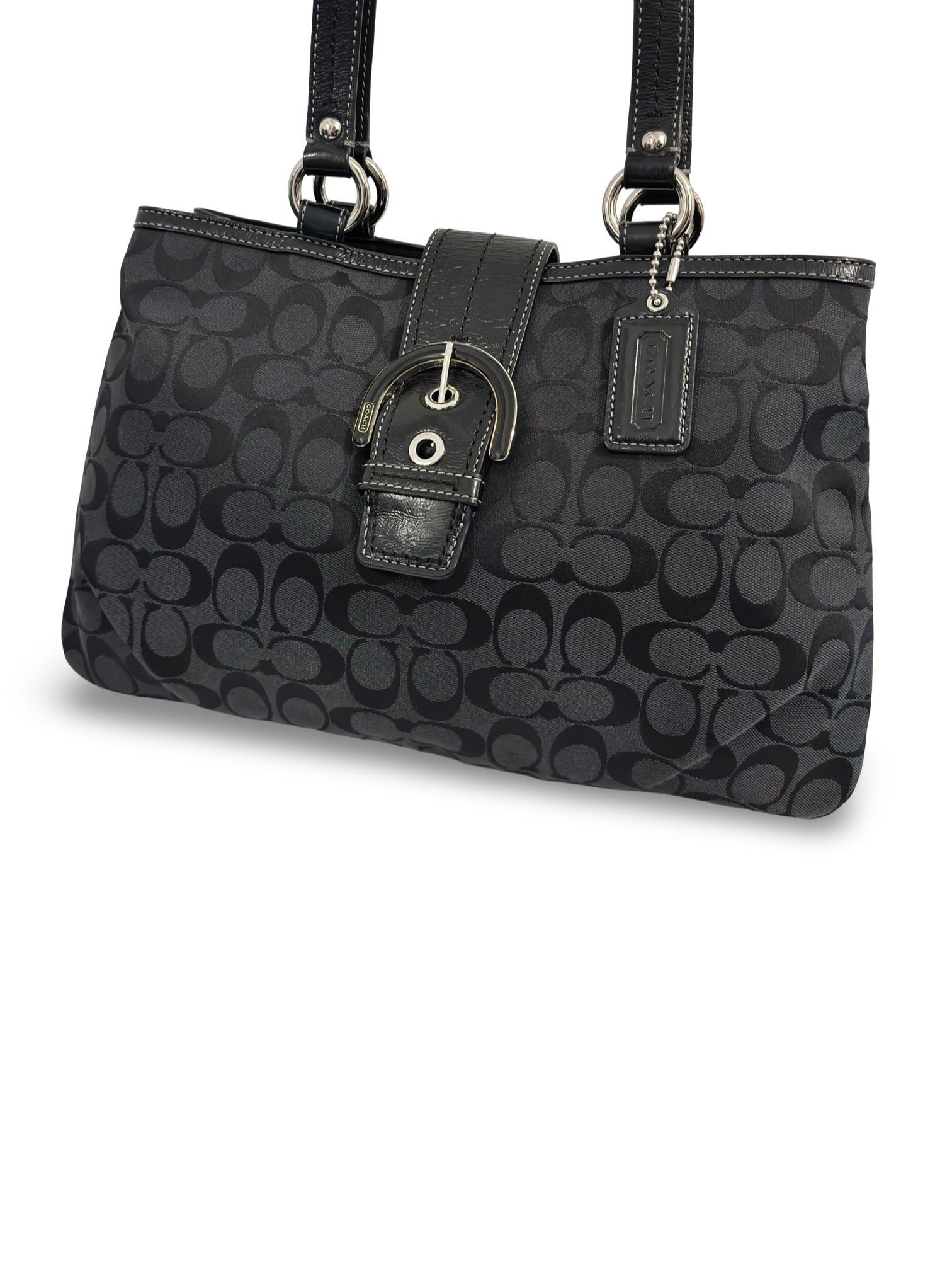 Coach Black Soho Lynn Signature Buckle Canvas & Patent Leather Tote Shoulder Bag
