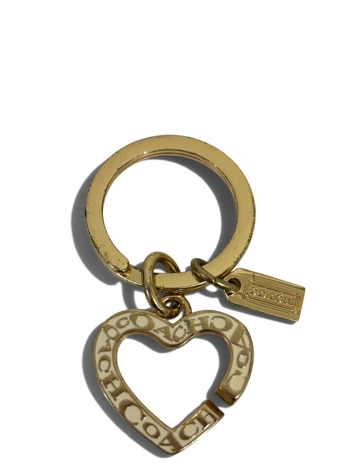 Pre-Owned Coach Heart Bag Charm Keyring Gold Tone Logo Pendant
