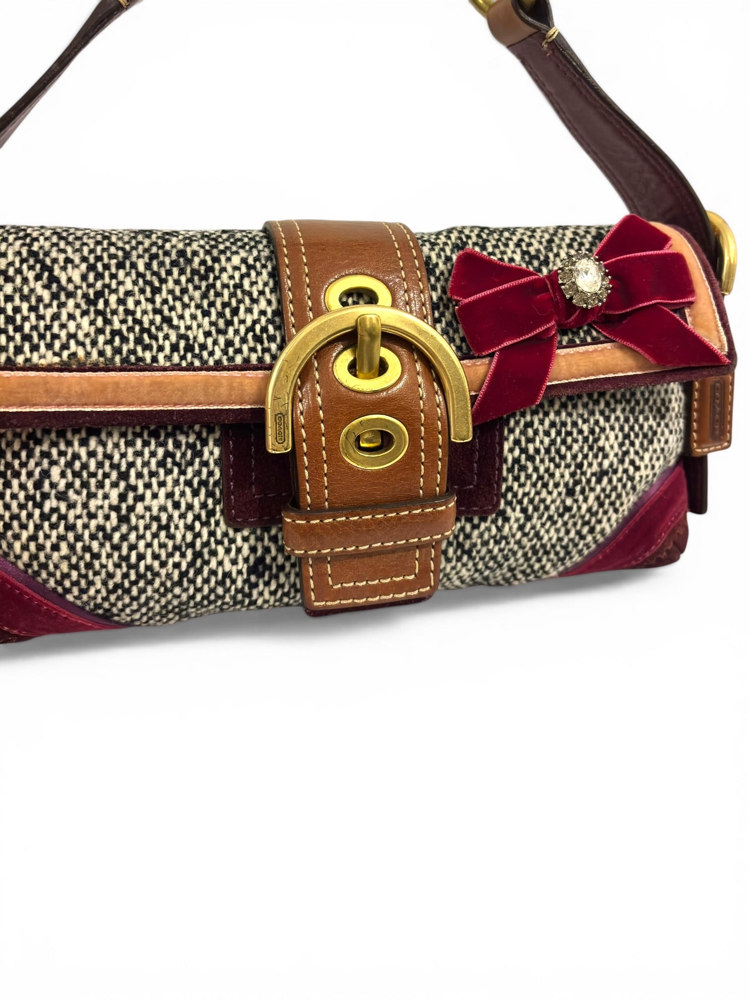 Coach Rare Soho Demi Grey Tweed Brown Leather & Burgundy Suede Shoulder Bag