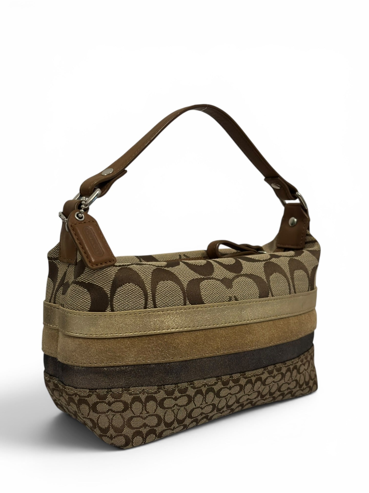 Coach Rare Mini Signature Striped Patchwork Tan Brown Beige Canvas Leather & Suede Vintage
Handbag