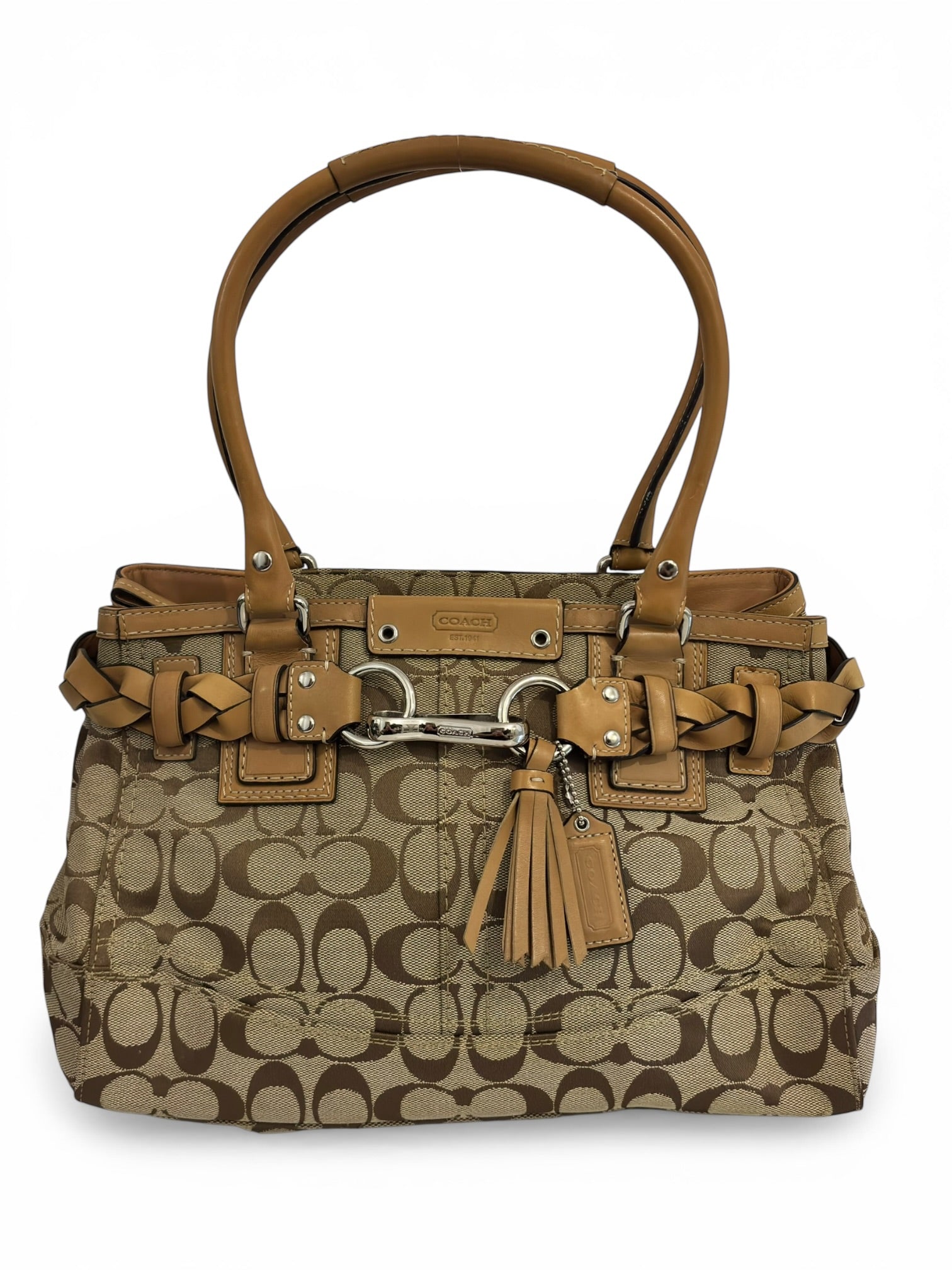 Coach Brown Khaki Braided Canvas & Leather Signature Vintage Tote Shoulder Bag