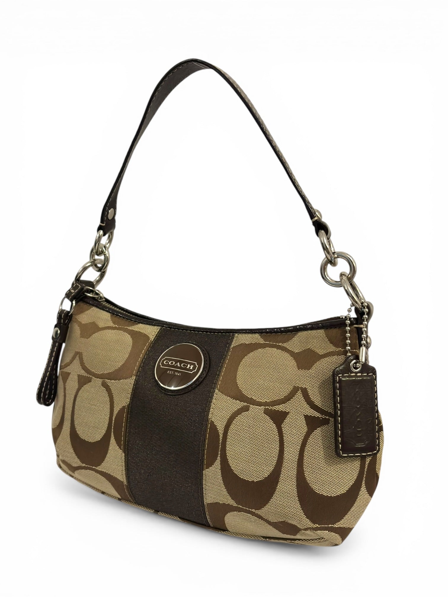 Coach Brown Signature Stripe Demi Baguette
Canvas & Patent Leather Shoulder Bag