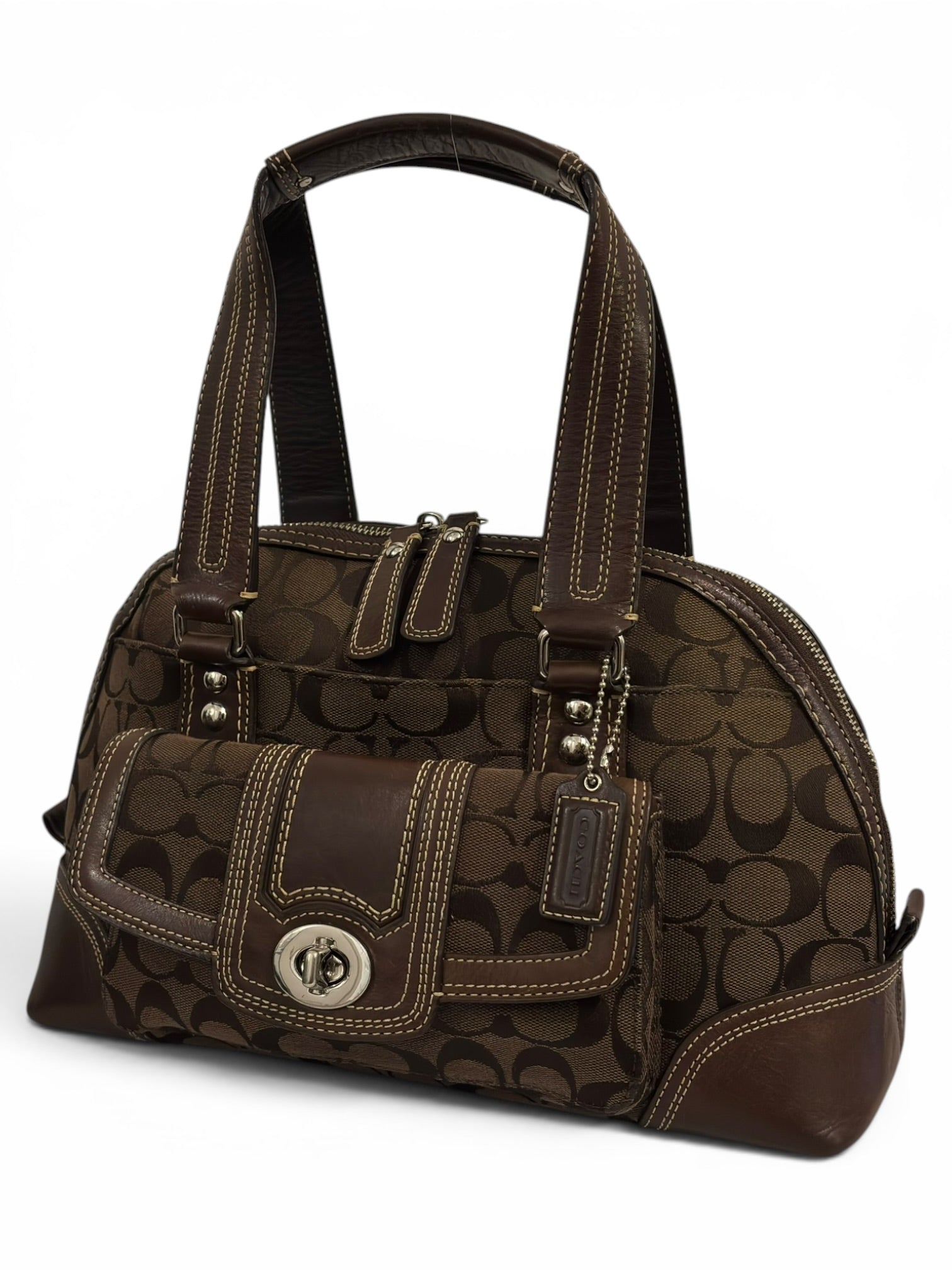 Coach Dark Brown Chocolate Signature Hamptons
Canvas & Leather Dome Shoulder Bag