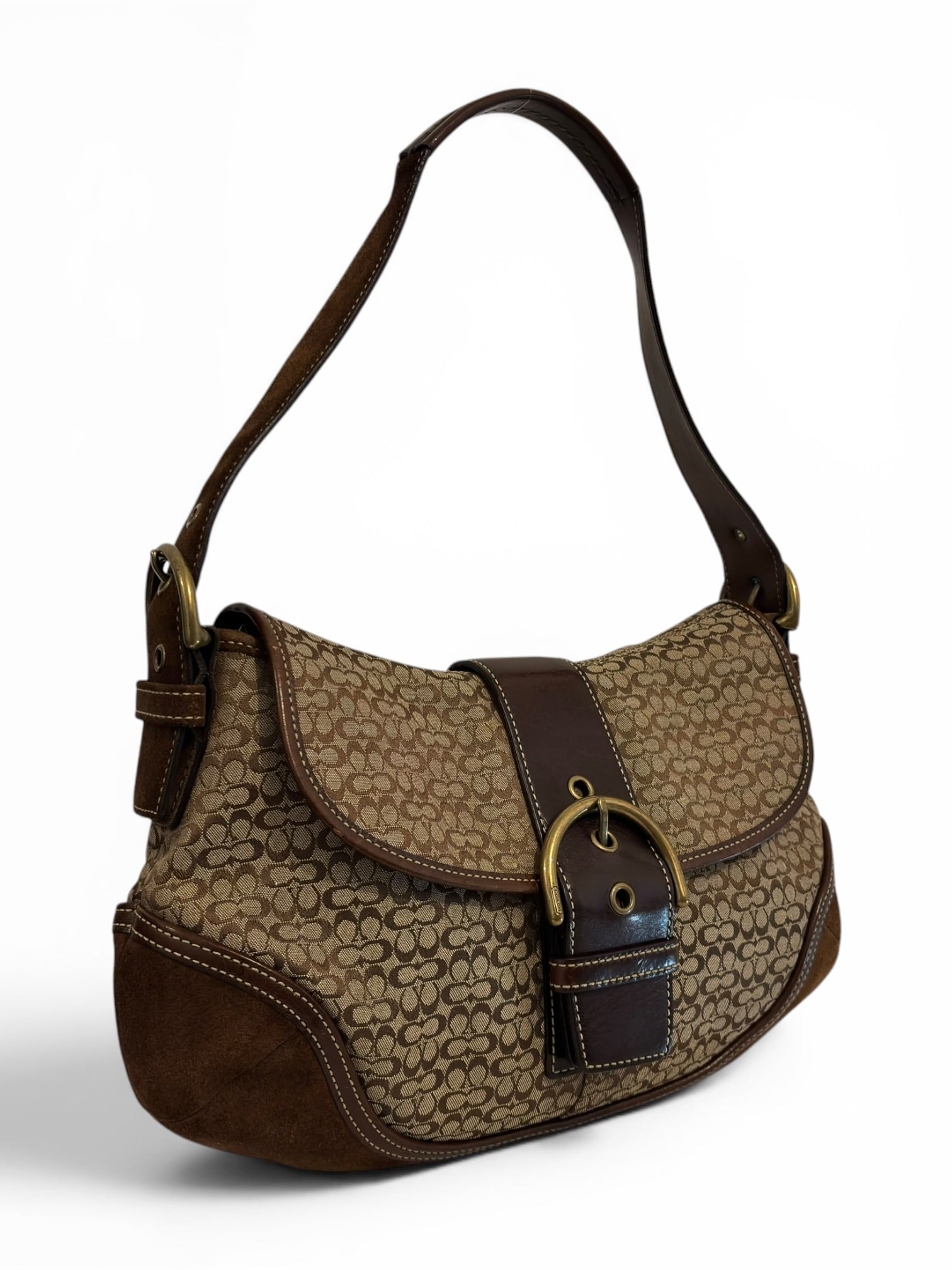 Coach Brown & Beige Signature Soho Flap Buckle Canvas Suede & Leather Hobo Shoulder Bag
G04J-6808
