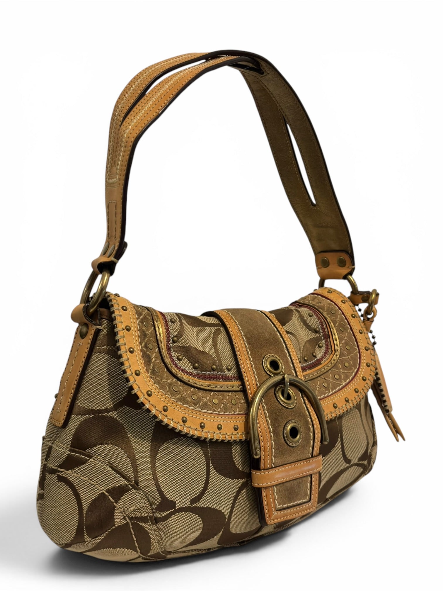 Coach Rare Signature Brown Tan Soho Studded Buckle Canvas Suede Leather Hobo Shoulder Bag