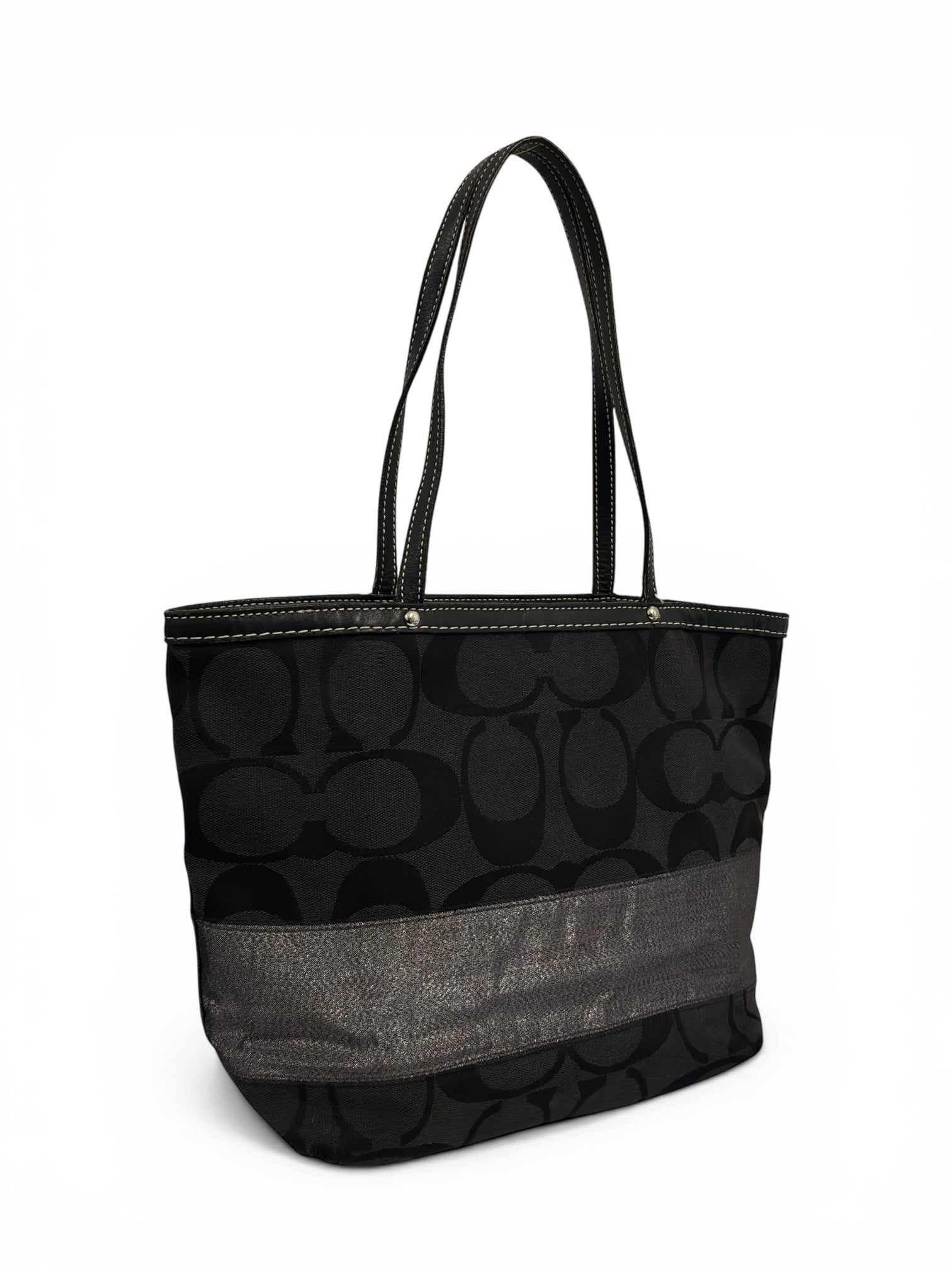 Coach Black Signature Metallic Stripe Canvas & Leather Tote Shoulder Bag