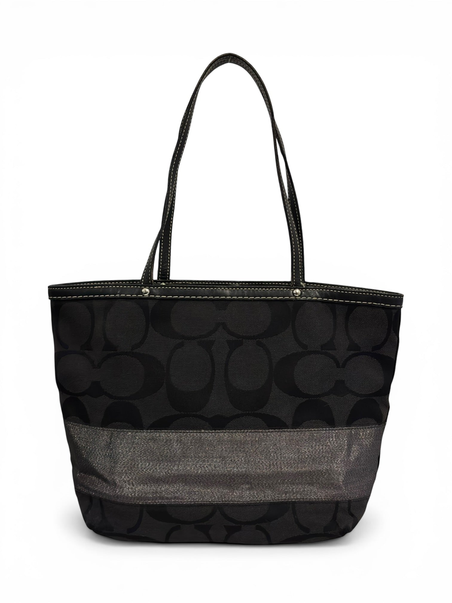 Coach Black Signature Metallic Stripe Canvas & Leather Tote Shoulder Bag