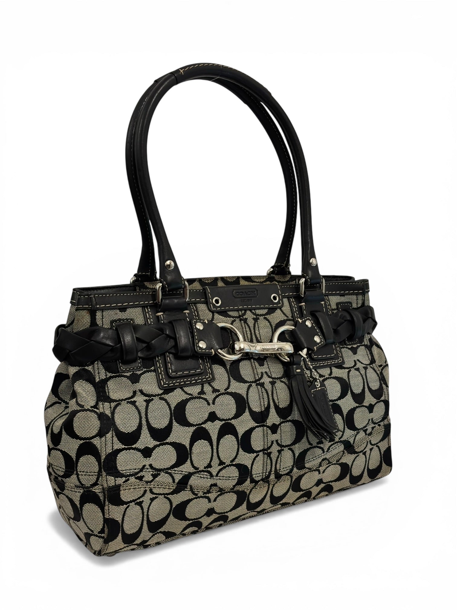 Coach Black & Grey Hampton Clip Braided Vintage Canvas & Leather Tote Shoulder Bag