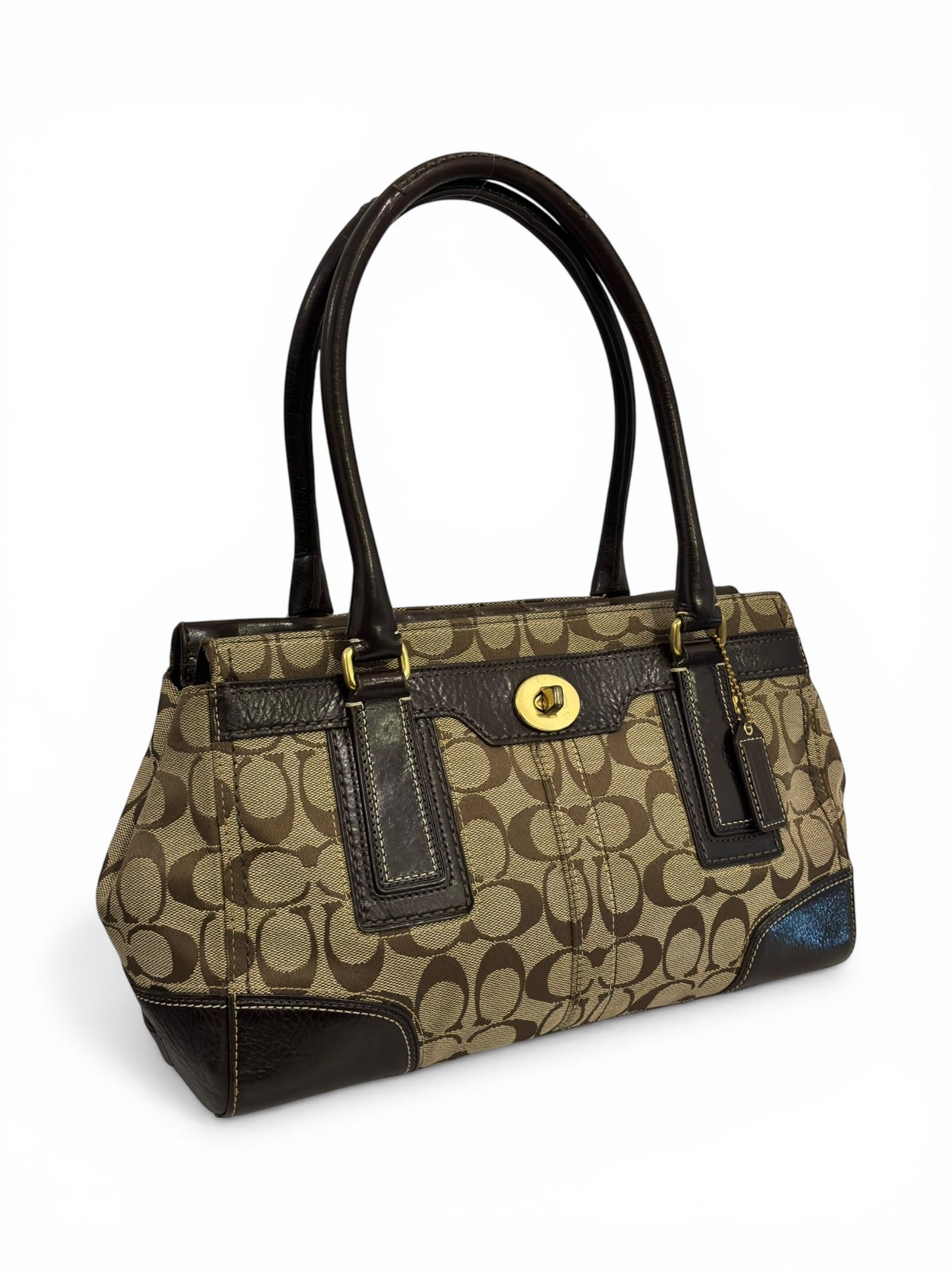 Coach Hamptons Brown Signature Turnlock Canvas & Leather Vintage Tote Shoulder Bag