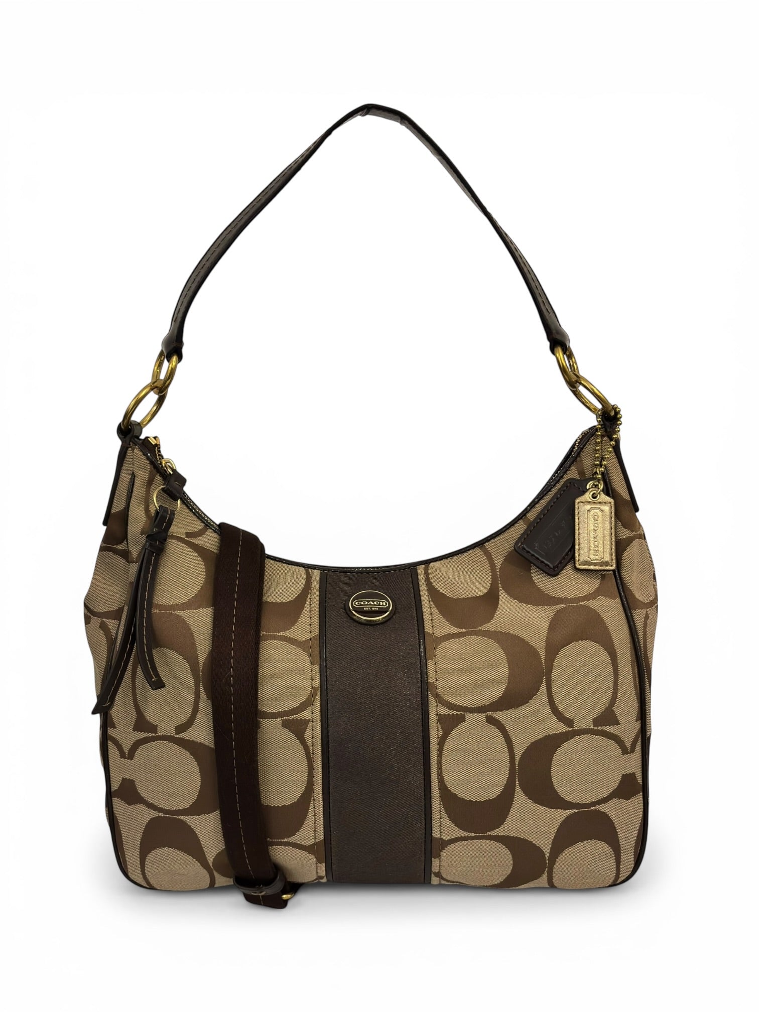 Coach Brown Beige Signature Stripe Canvas & Patent Leather Vintage 2000's Shoulder Bag