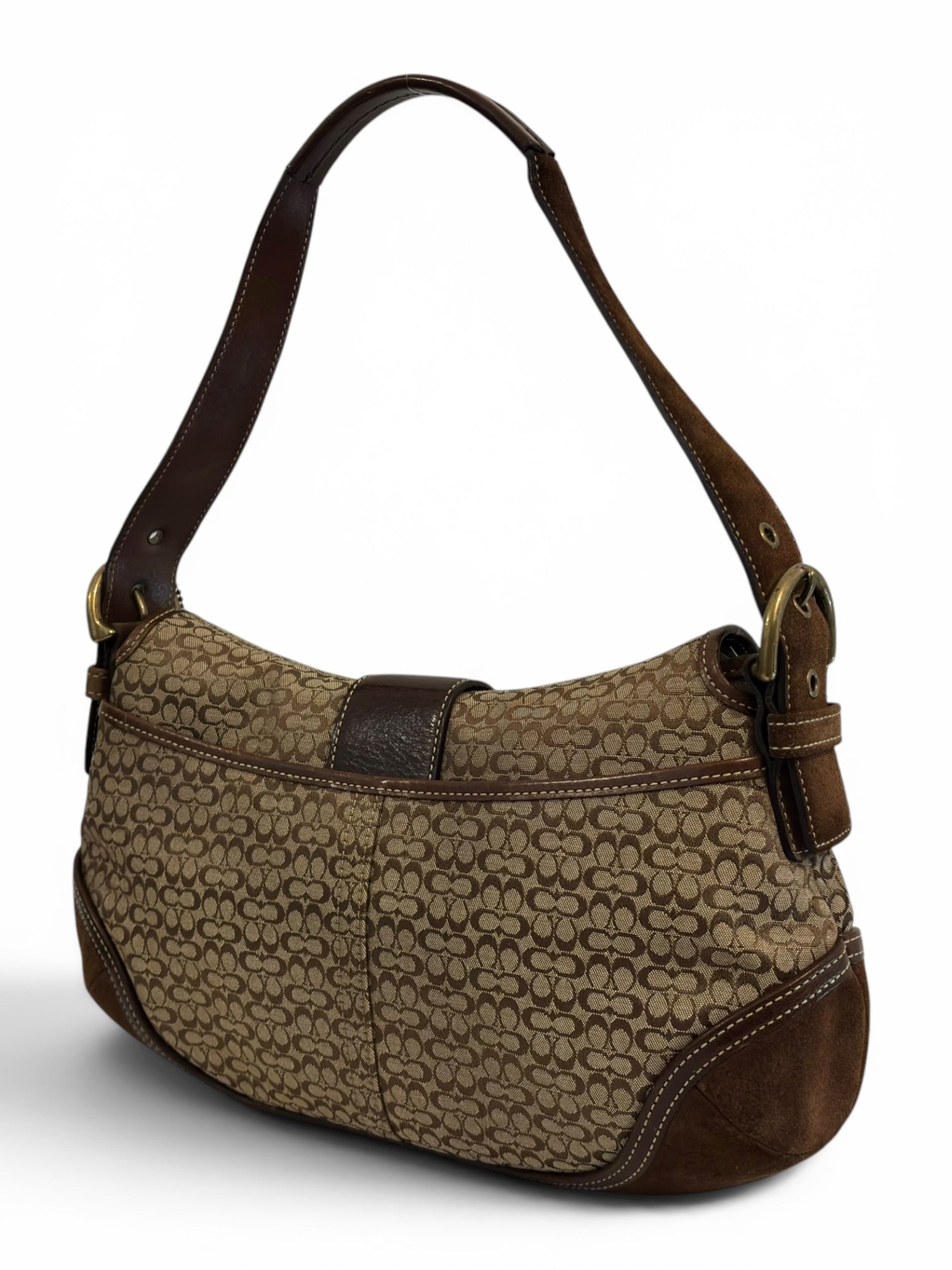 Coach Brown & Beige Signature Soho Flap Buckle Canvas Suede & Leather Hobo Shoulder Bag
G04J-6808