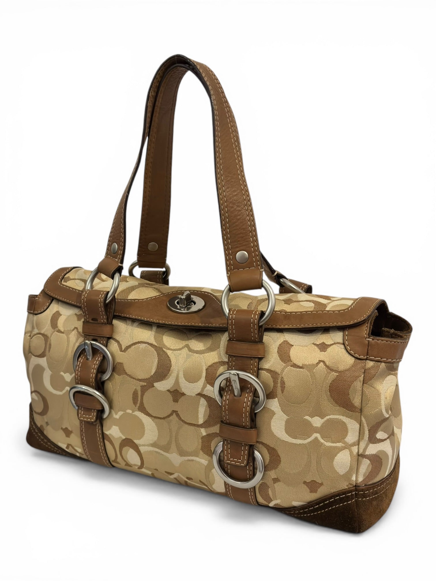 Coach Rare Chelsea Beige & Brown Signature Satin Suede Leather Turnlock Optic Shoulder Bag