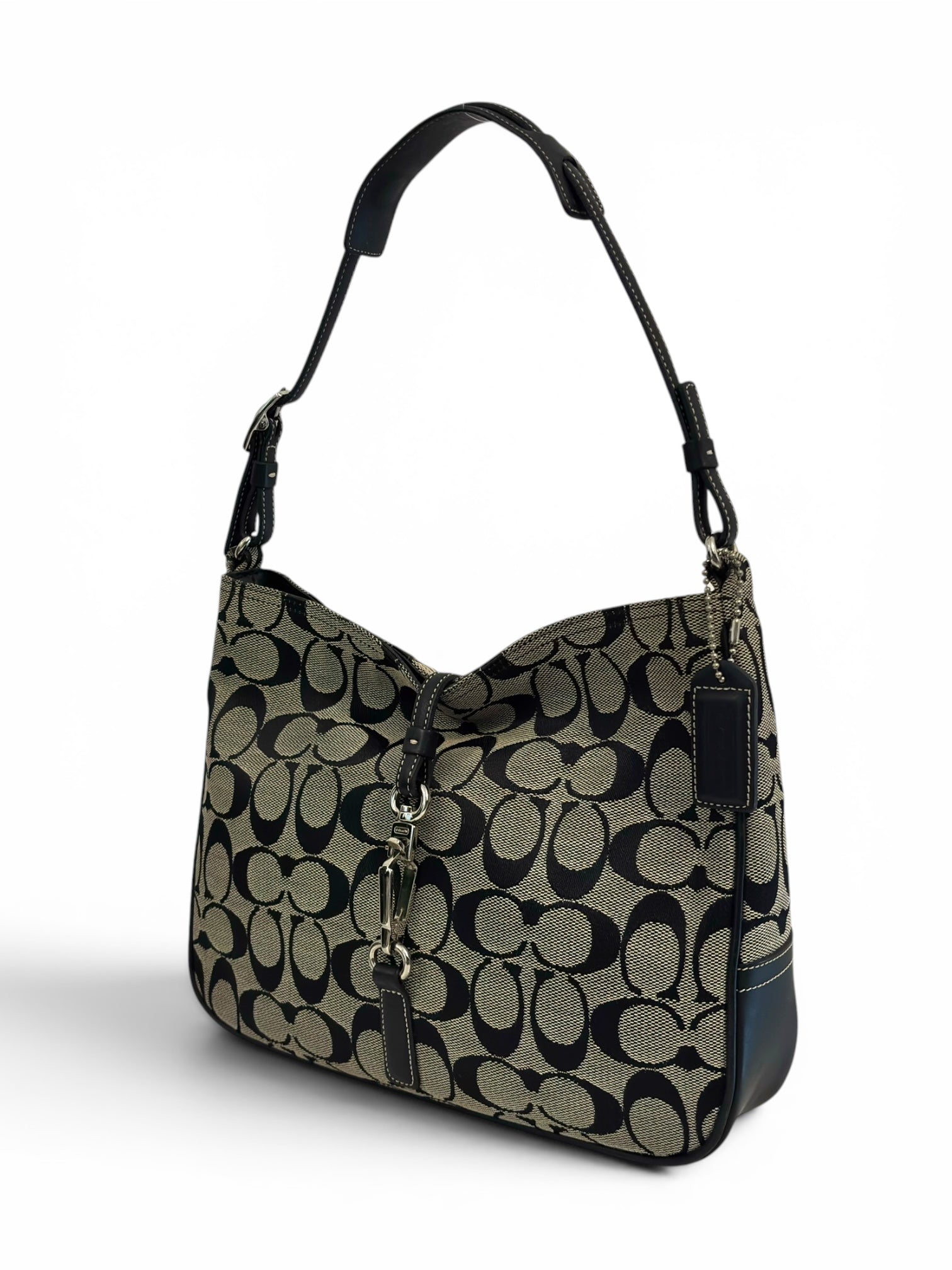 Coach Hampton Signature Clip Grey & Black Canvas
& Leather Hobo Vintage Shoulder Bag