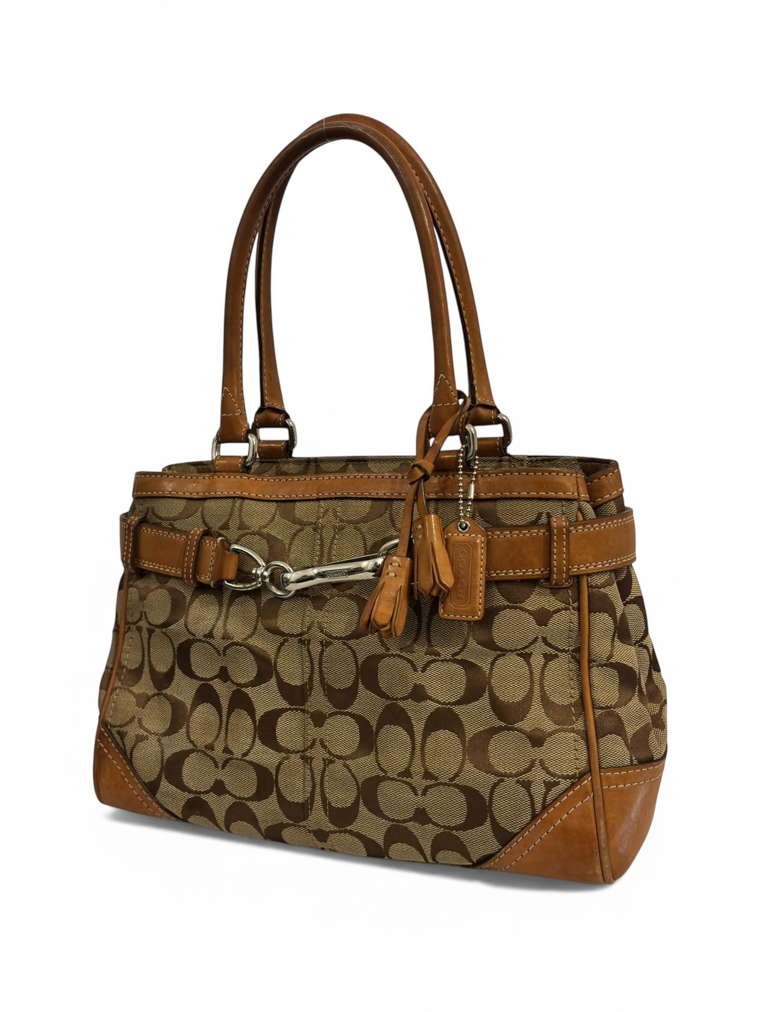 Coach Brown Hampton Clip Signature Canvas & Leather Vintage Tassle Tote Shoulder Bag