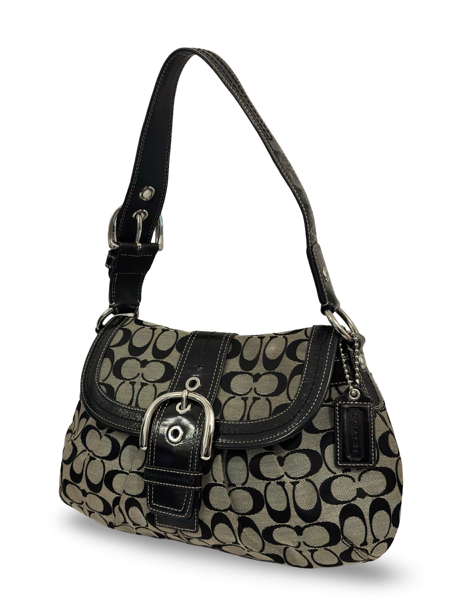 Coach Soho Buckle Black & Grey Canvas & Patent
Leather Hobo Vintage Shoulder Bag