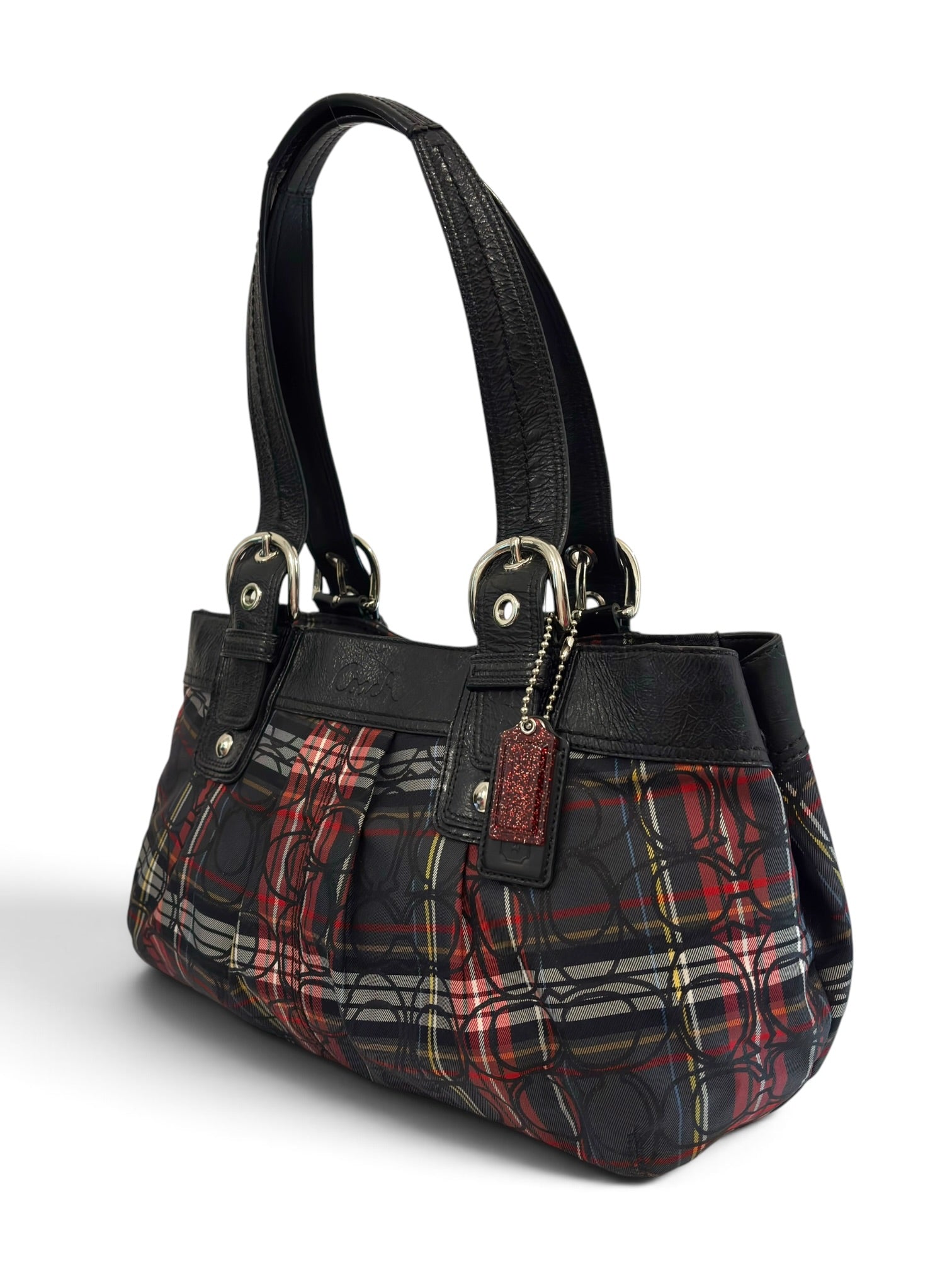 Vintage Coach Poppy Soho Tartan Plaid Op Art Tote Bag Black Leather Shoulder Handbag F15223