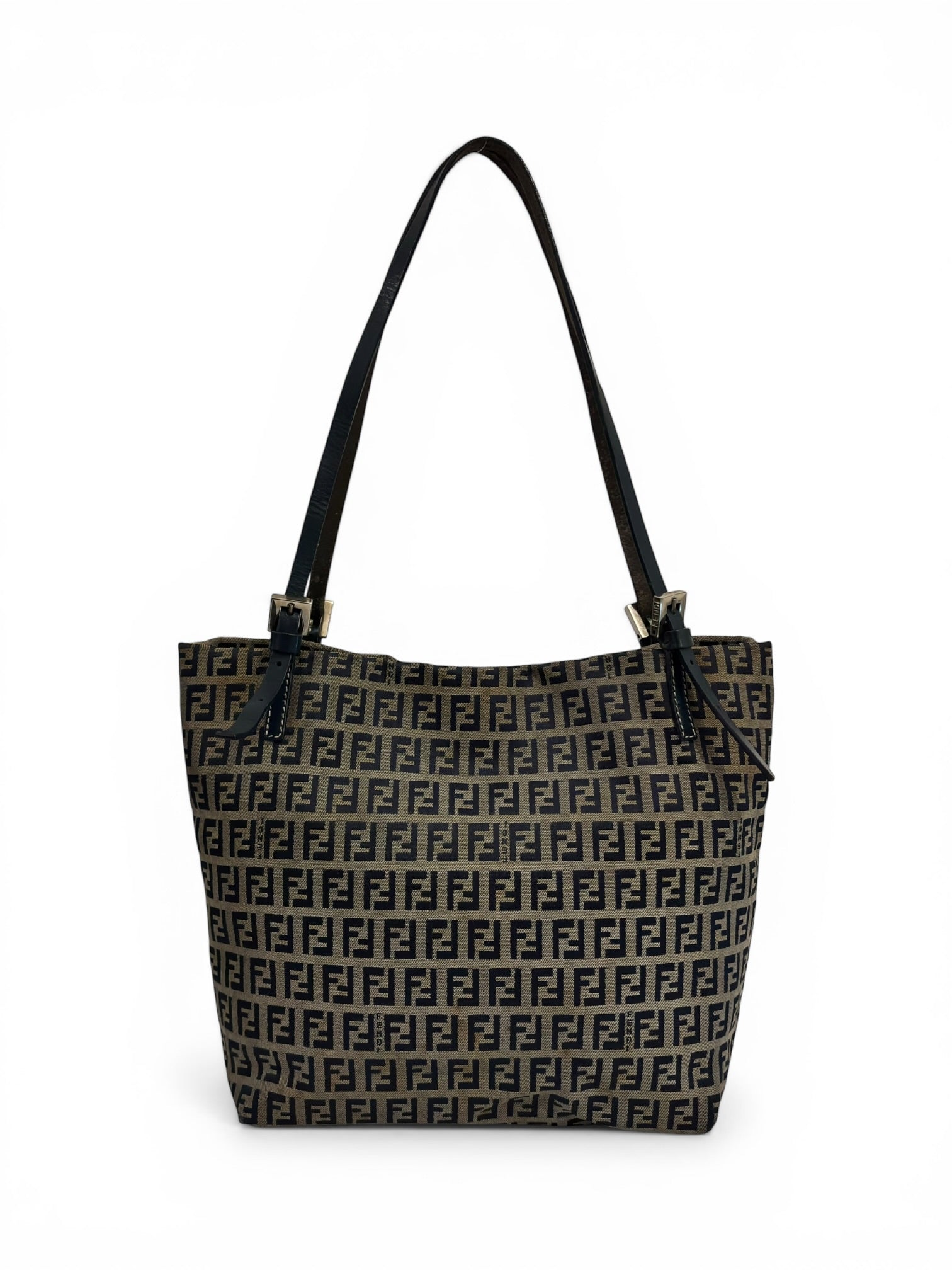 Fendi Zucchino Vitello Brown Grey Navy Monogram Zucca Vintage Tote Shoulder Bag
