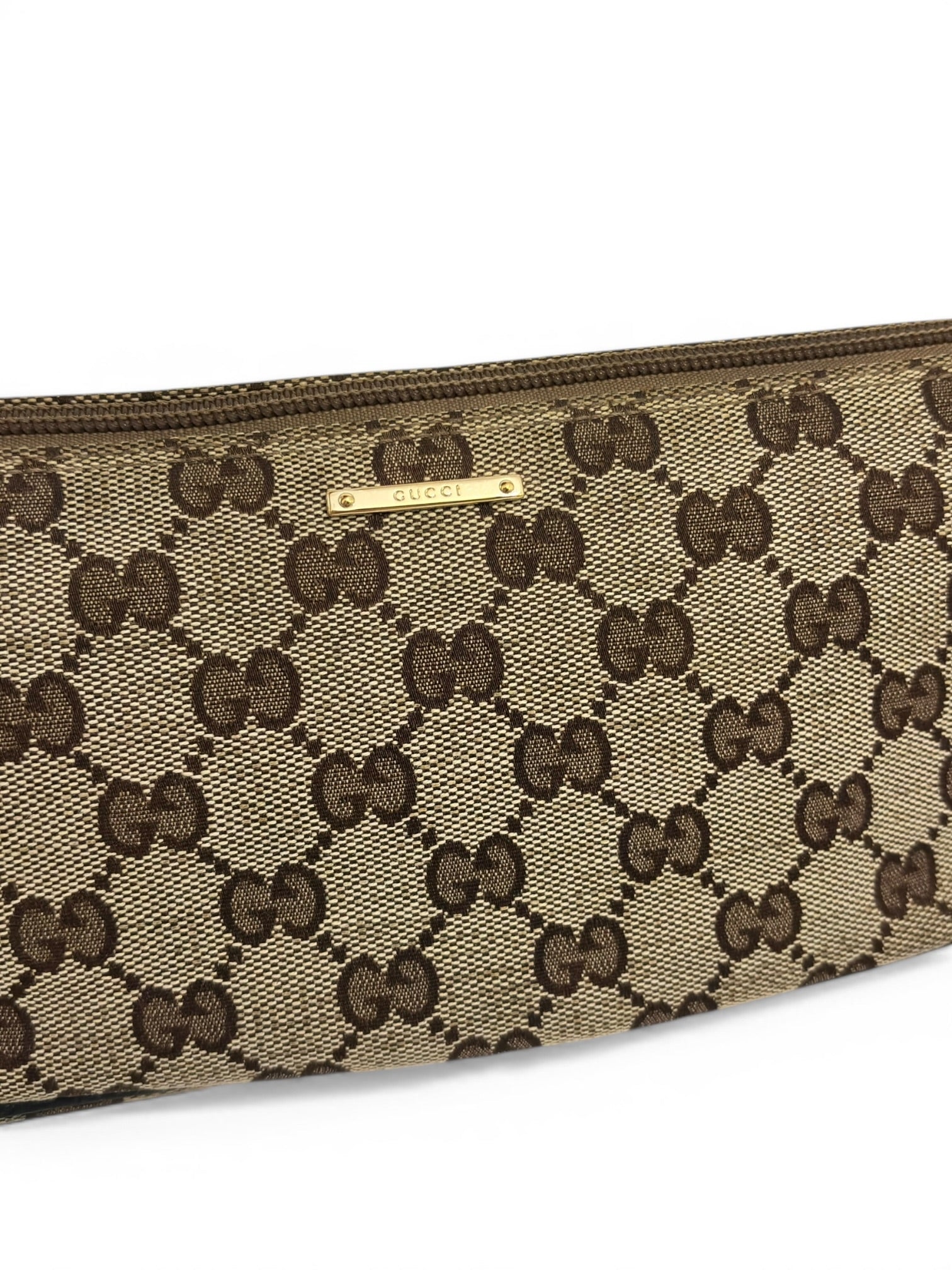 Gucci Brown Beige Canvas & Dark Blue Leather Pochette Boat Shoulder Bag