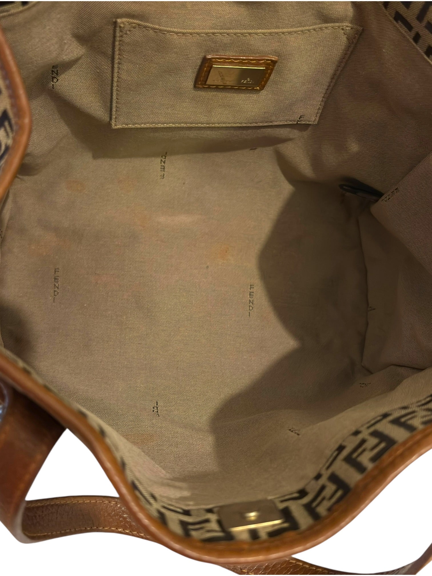 Vintage Fendi Zucchino Bag FF Canvas Tote Brown Leather Trim Shoulder Handbag