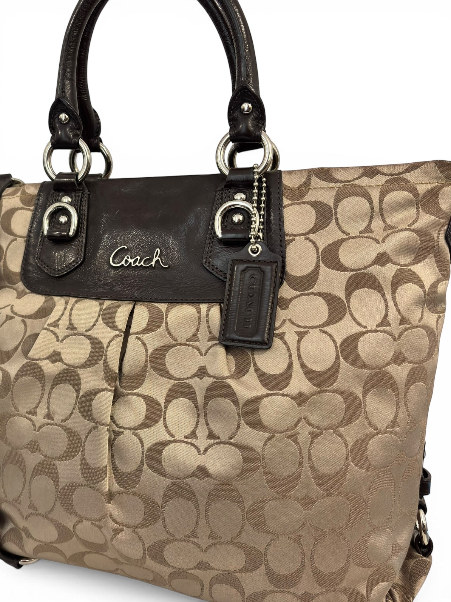 Coach Brown Beige Ashley Signature Canvas Satin & Patent Leather Vintage Shoulder Bag