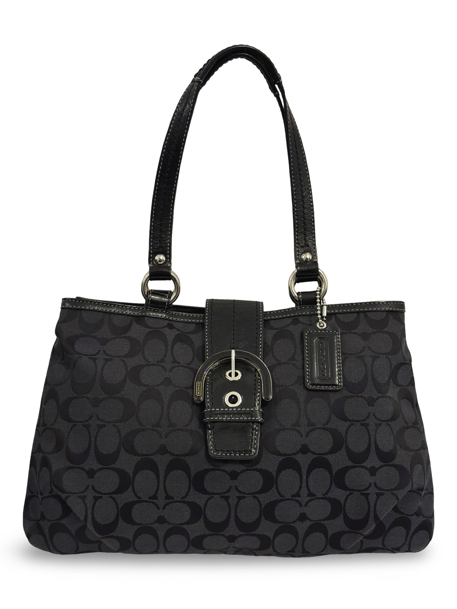 Coach Black Soho Lynn Signature Buckle Canvas & Patent Leather Tote Shoulder Bag