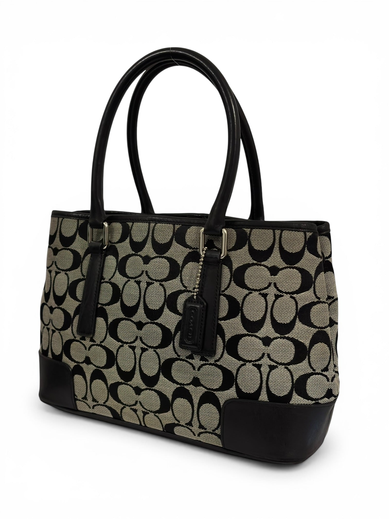 Coach Black & Grey Signature Canvas & Leather Tote Shoulder Bag