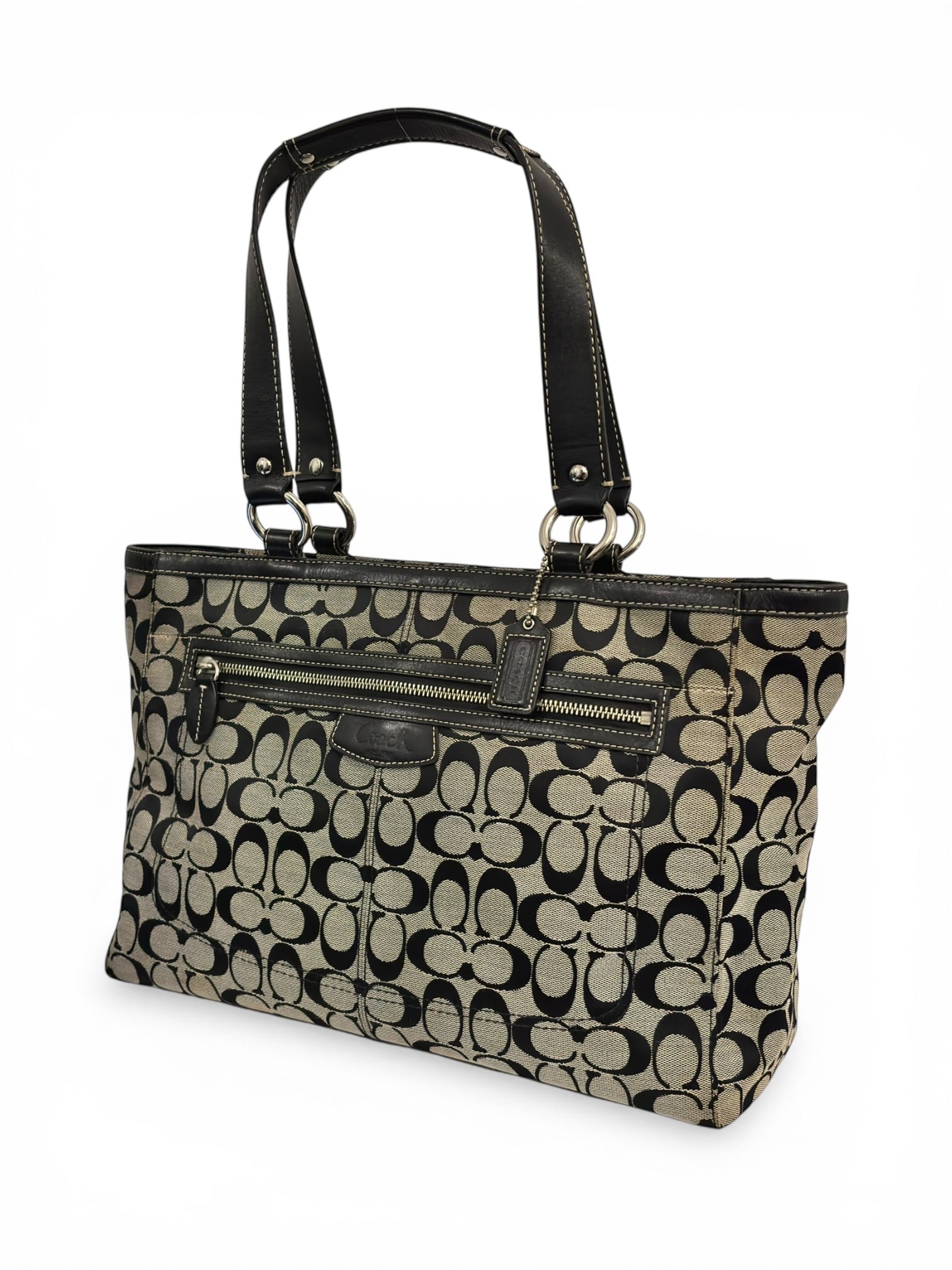 Coach XXL 'Penelope' Black & Grey Signature Canvas & Leather Vintage Tote Shoulder Bag