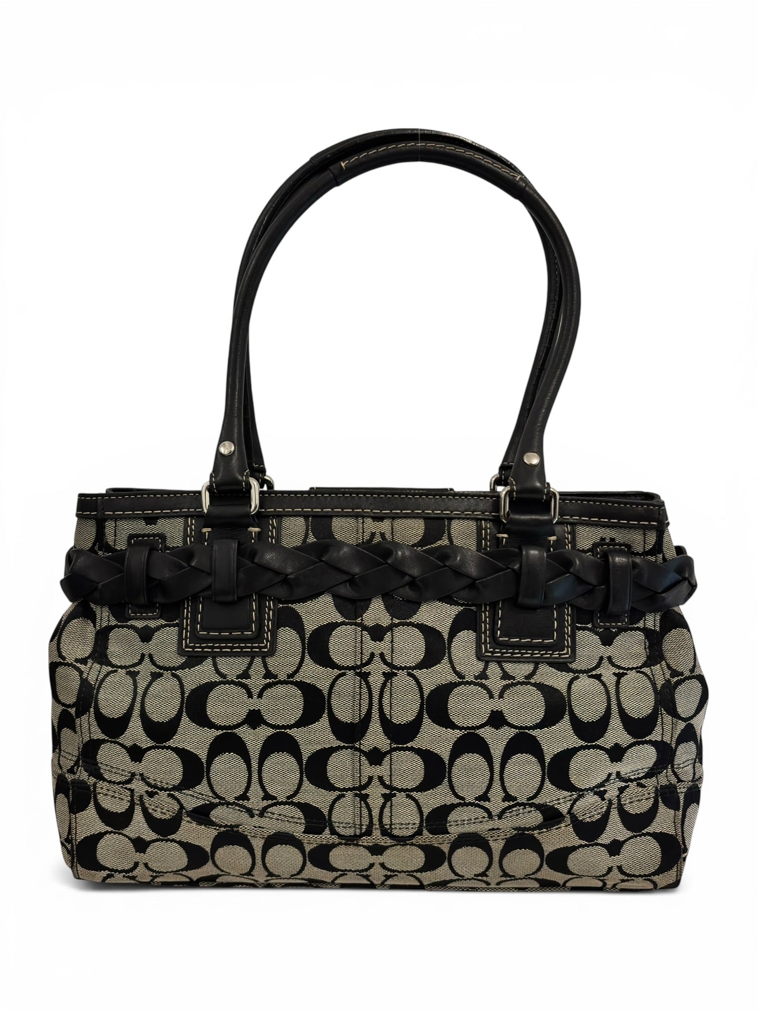 Coach Black & Grey Hampton Clip Braided Vintage Canvas & Leather Tote Shoulder Bag