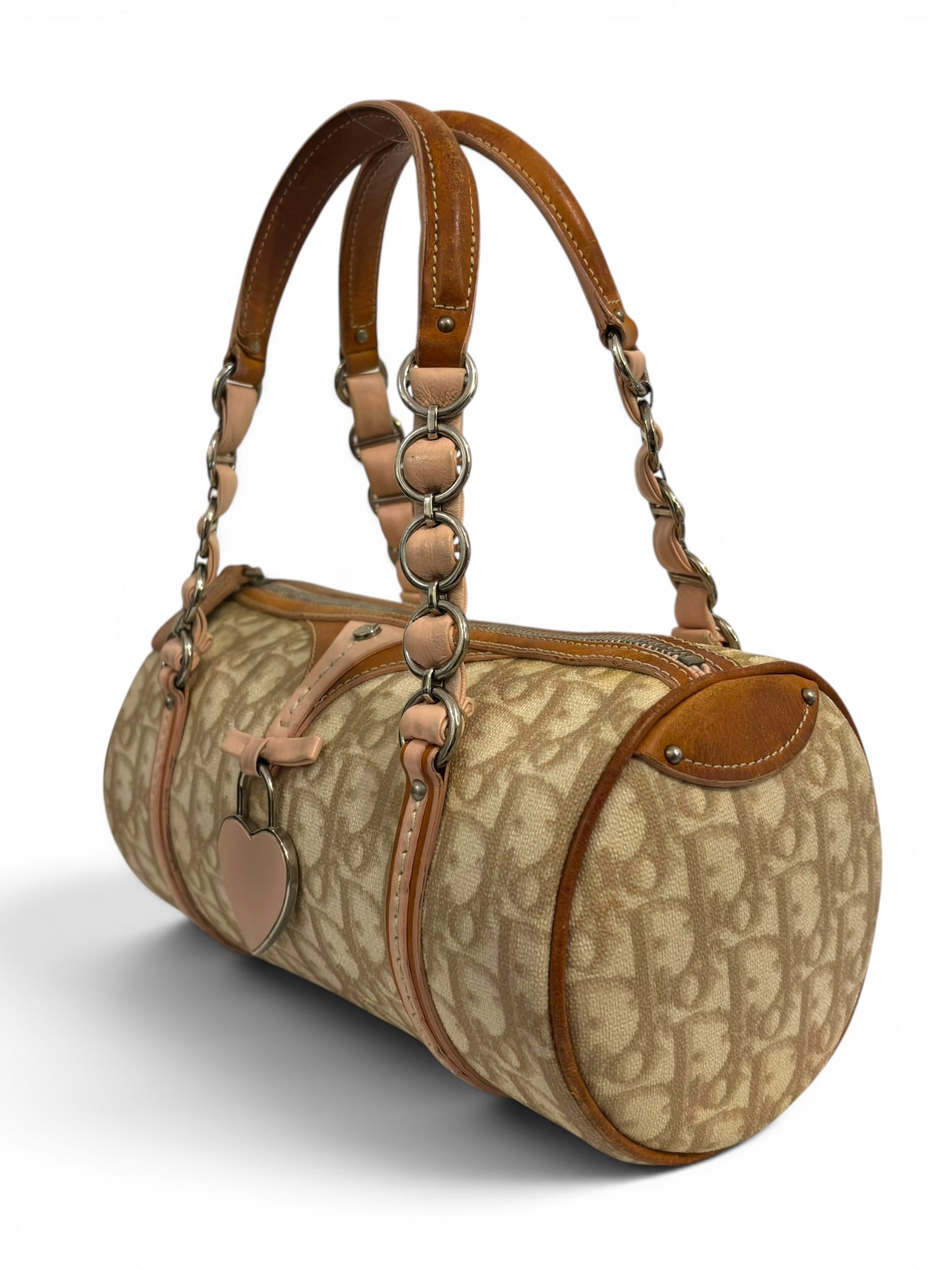 Christian Dior Rare Romantique Trotter Barrel Pink & Brown Heart Charm Galliano Vintage Shoulder Bag