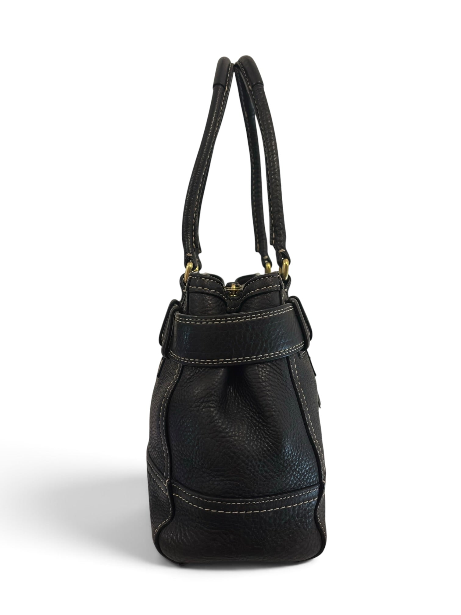 Vintage Coach Hamptons Bag Black Pebbled Leather Belted Tote E06S-10212