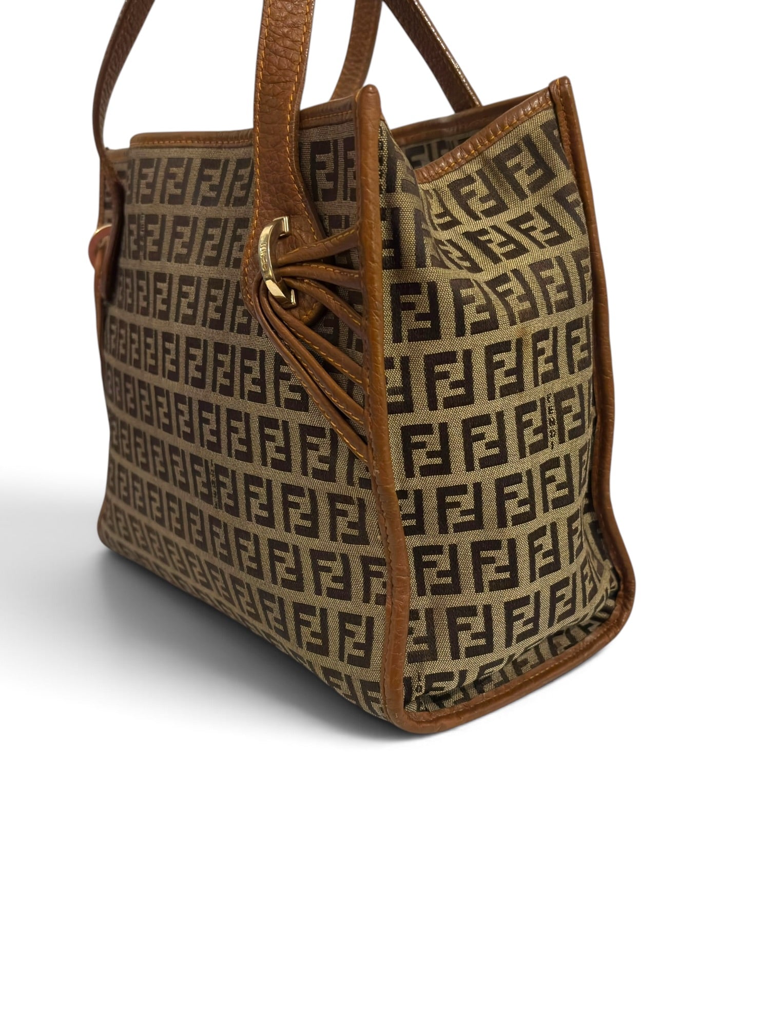 Vintage Fendi Zucchino Bag FF Canvas Tote Brown Leather Trim Shoulder Handbag