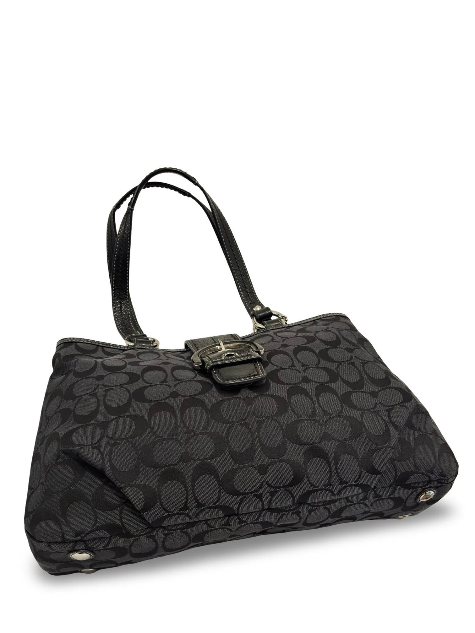 Coach Black Soho Lynn Signature Buckle Canvas & Patent Leather Tote Shoulder Bag