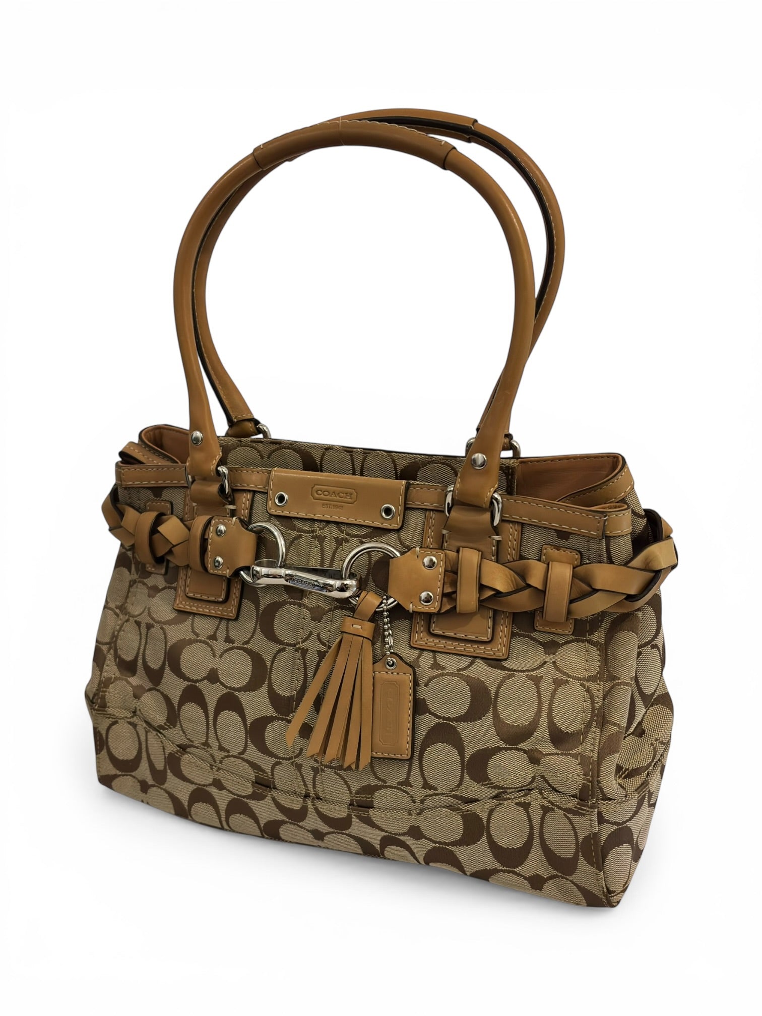 Coach Brown Khaki Braided Canvas & Leather Signature Vintage Tote Shoulder Bag