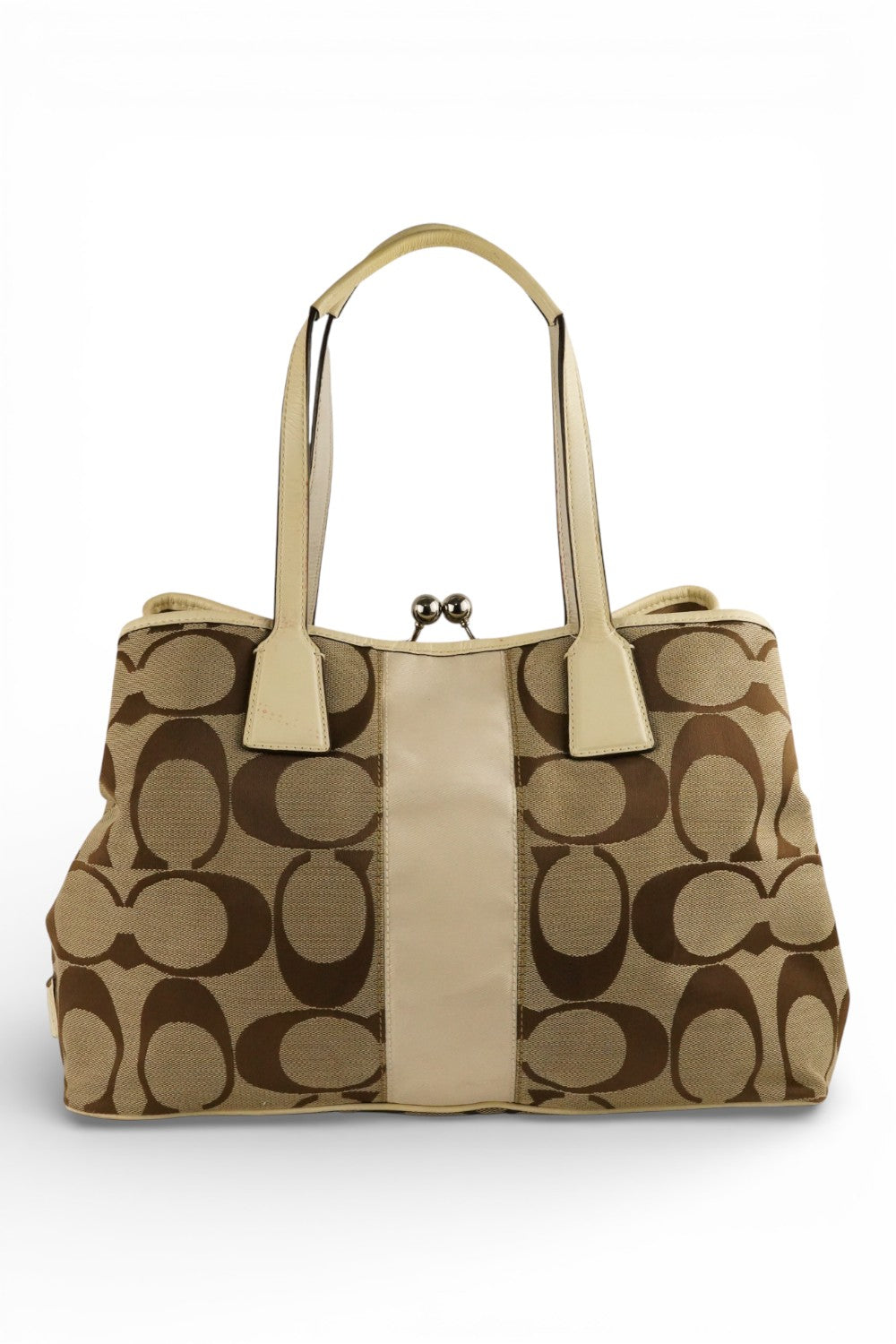 Coach Brown Beige Signature Kisslock 3 Section Large Tote Vintage Shoulder Bag