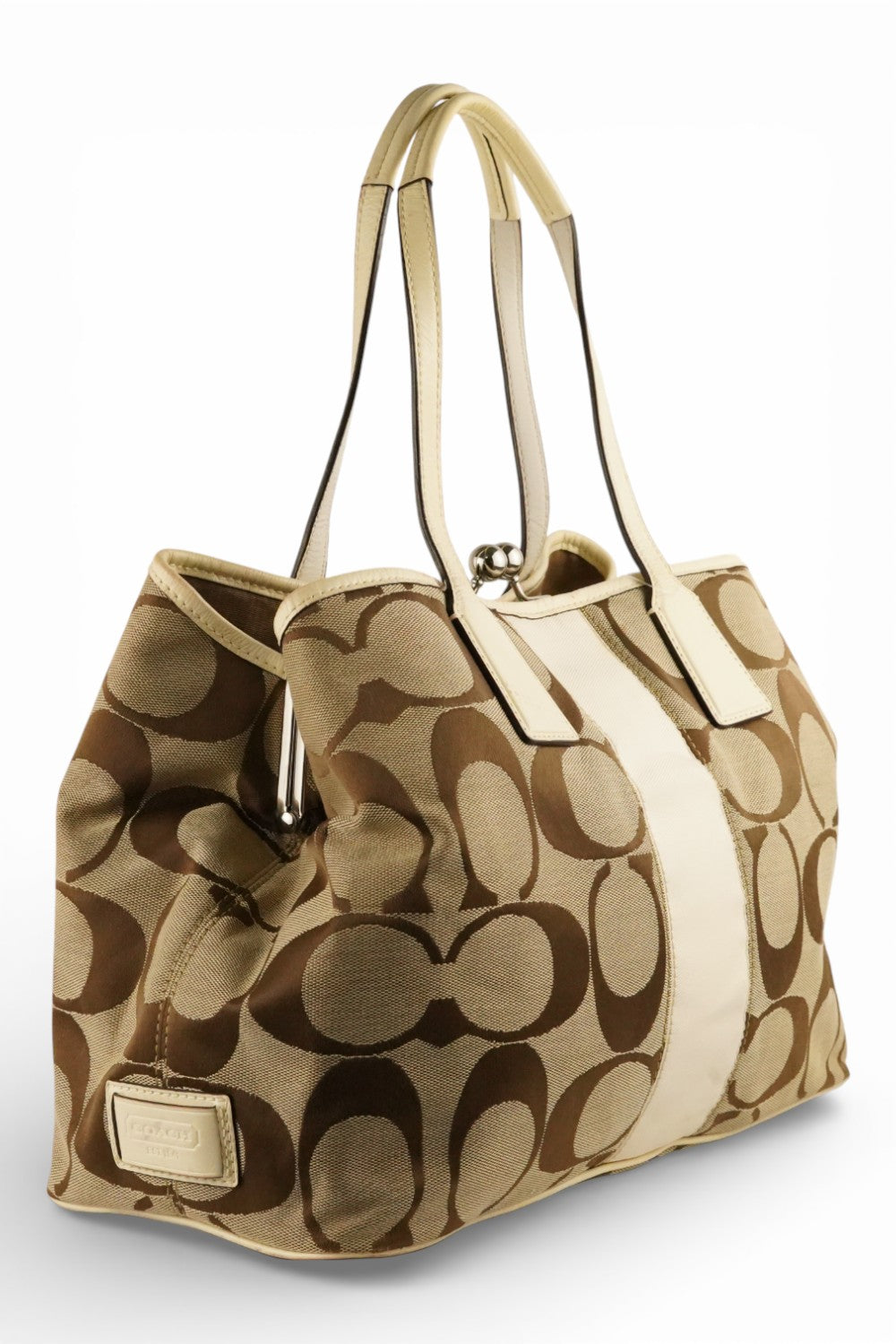 Coach Brown Beige Signature Kisslock 3 Section Large Tote Vintage Shoulder Bag