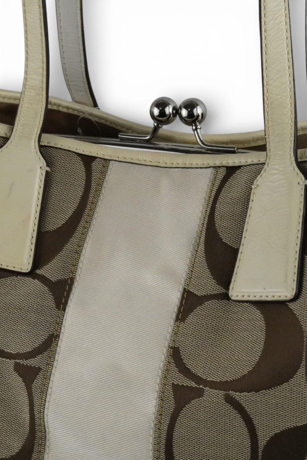Coach Brown Beige Signature Kisslock 3 Section Large Tote Vintage Shoulder Bag