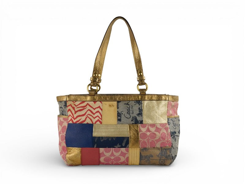 Coach Vintage Multicoloured Metallic Gold Leather Patchwork Tote Blue & Pink Shoulder Bag