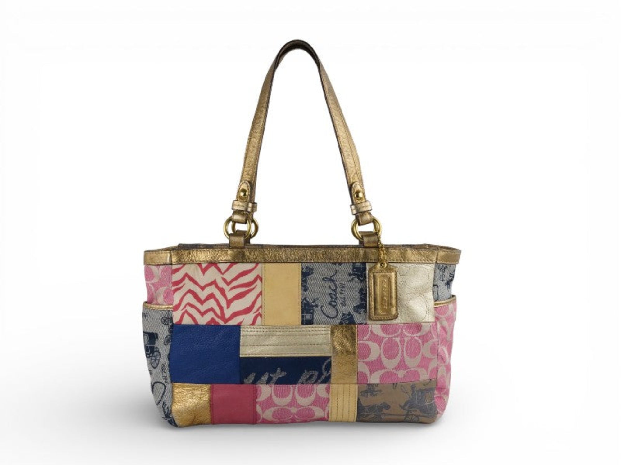 Coach Vintage Multicoloured Metallic Gold Leather Patchwork Tote Blue & Pink Shoulder Bag