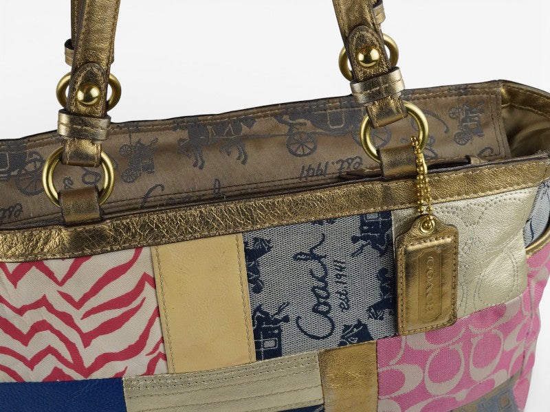 Coach Vintage Multicoloured Metallic Gold Leather Patchwork Tote Blue & Pink Shoulder Bag