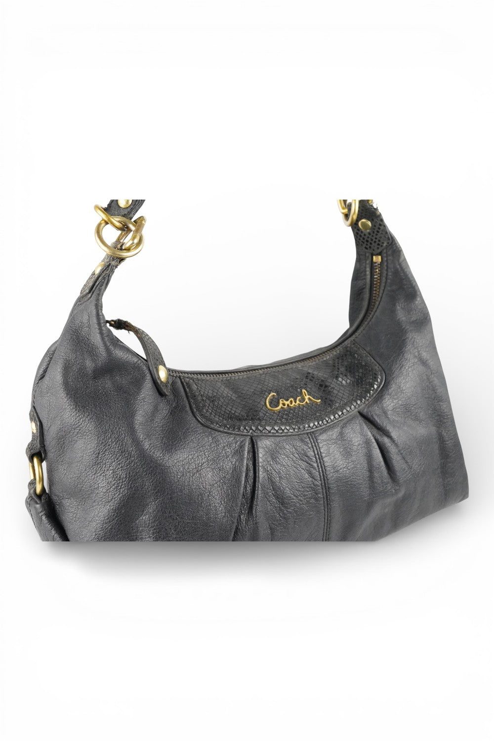Coach Black Leather Snake Print Vintage Ashley Baguette Hobo Shoulder Bag
