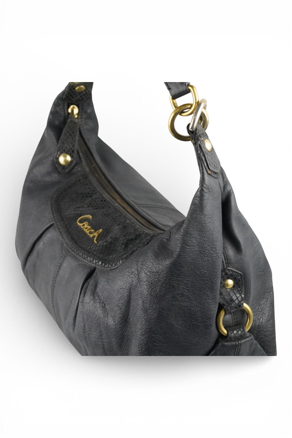 Coach Black Leather Snake Print Vintage Ashley Baguette Hobo Shoulder Bag